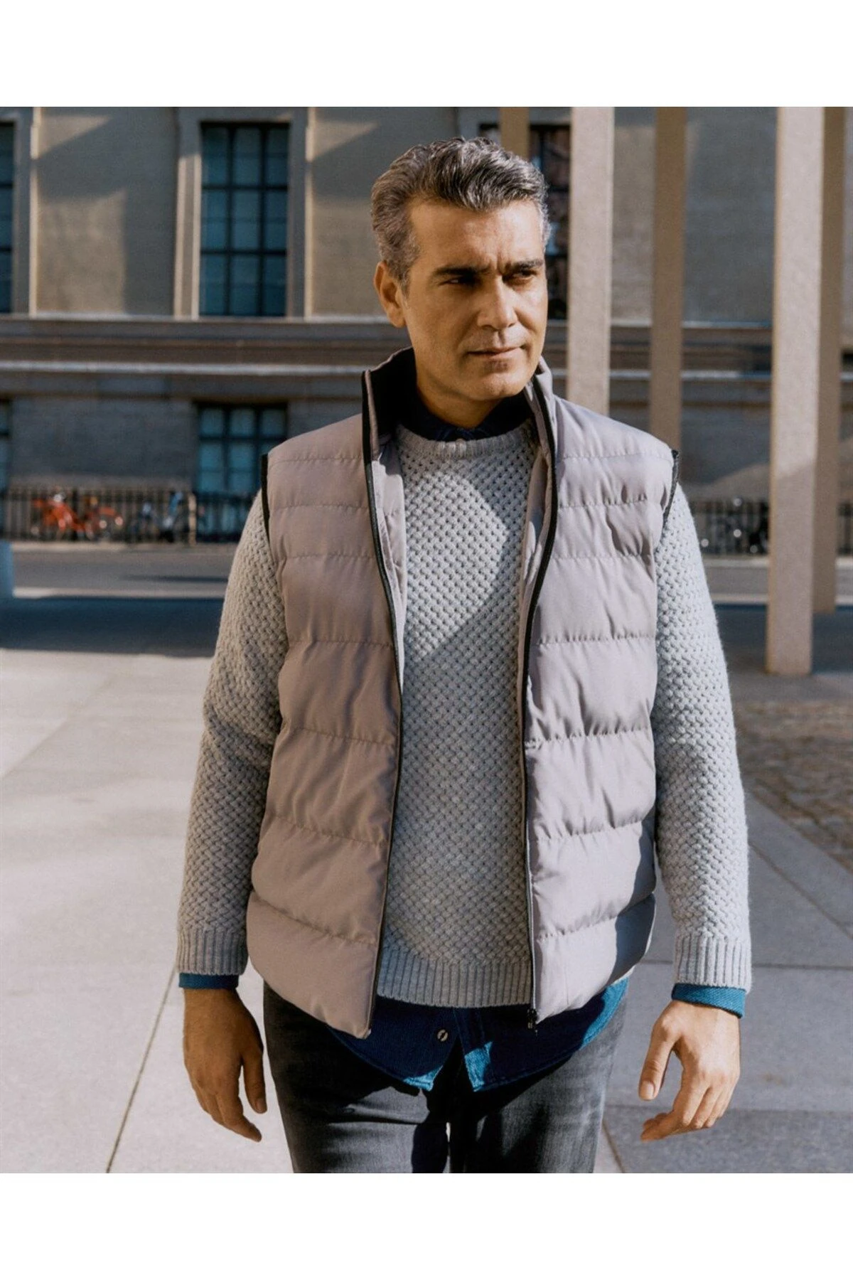 Süvari Gri Dar Kesim Dolum Yelek