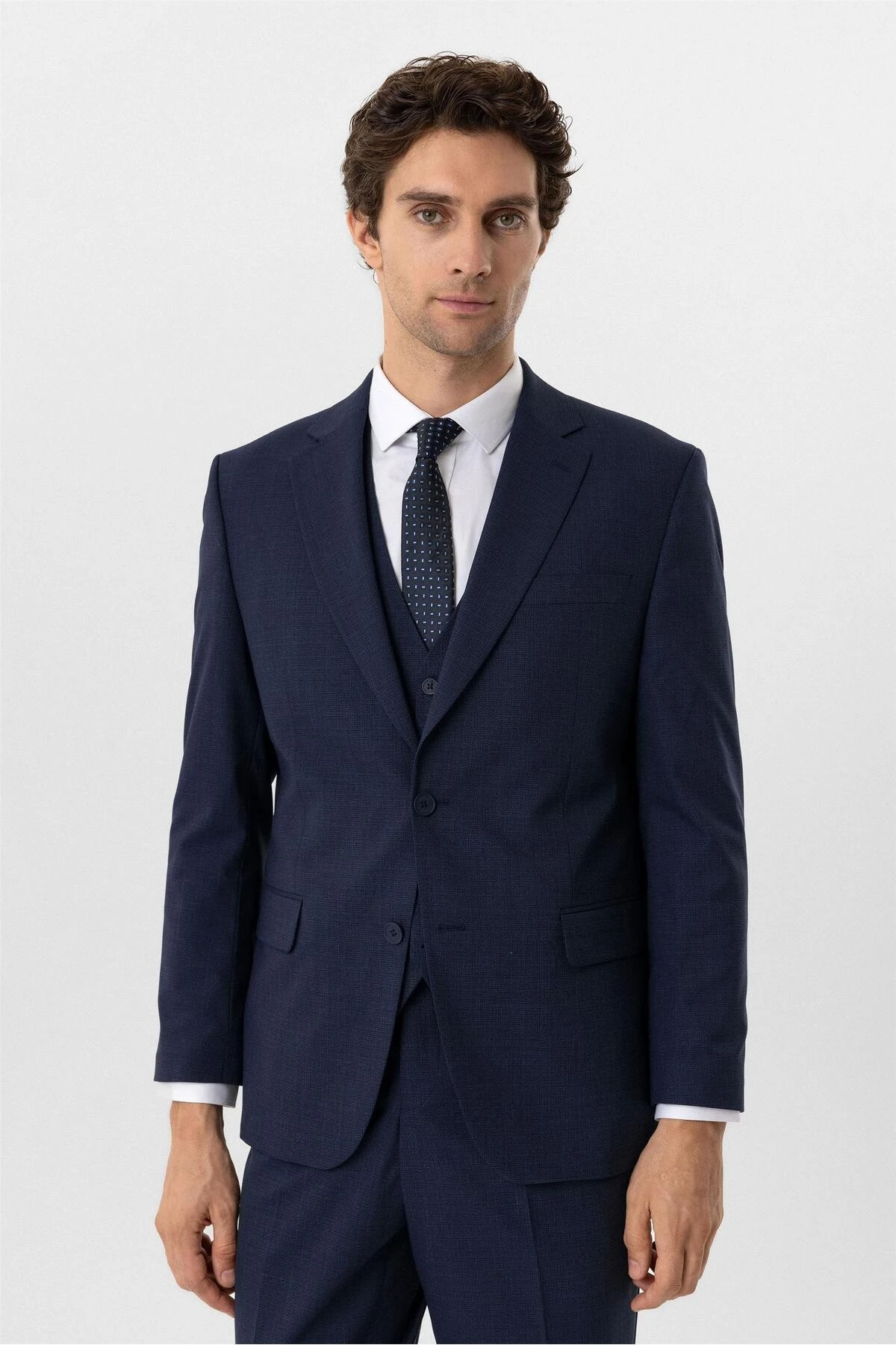 Lacivert Regular Desenli Mono Yaka 4 Drop Yelekli Klasik Takım Elbise