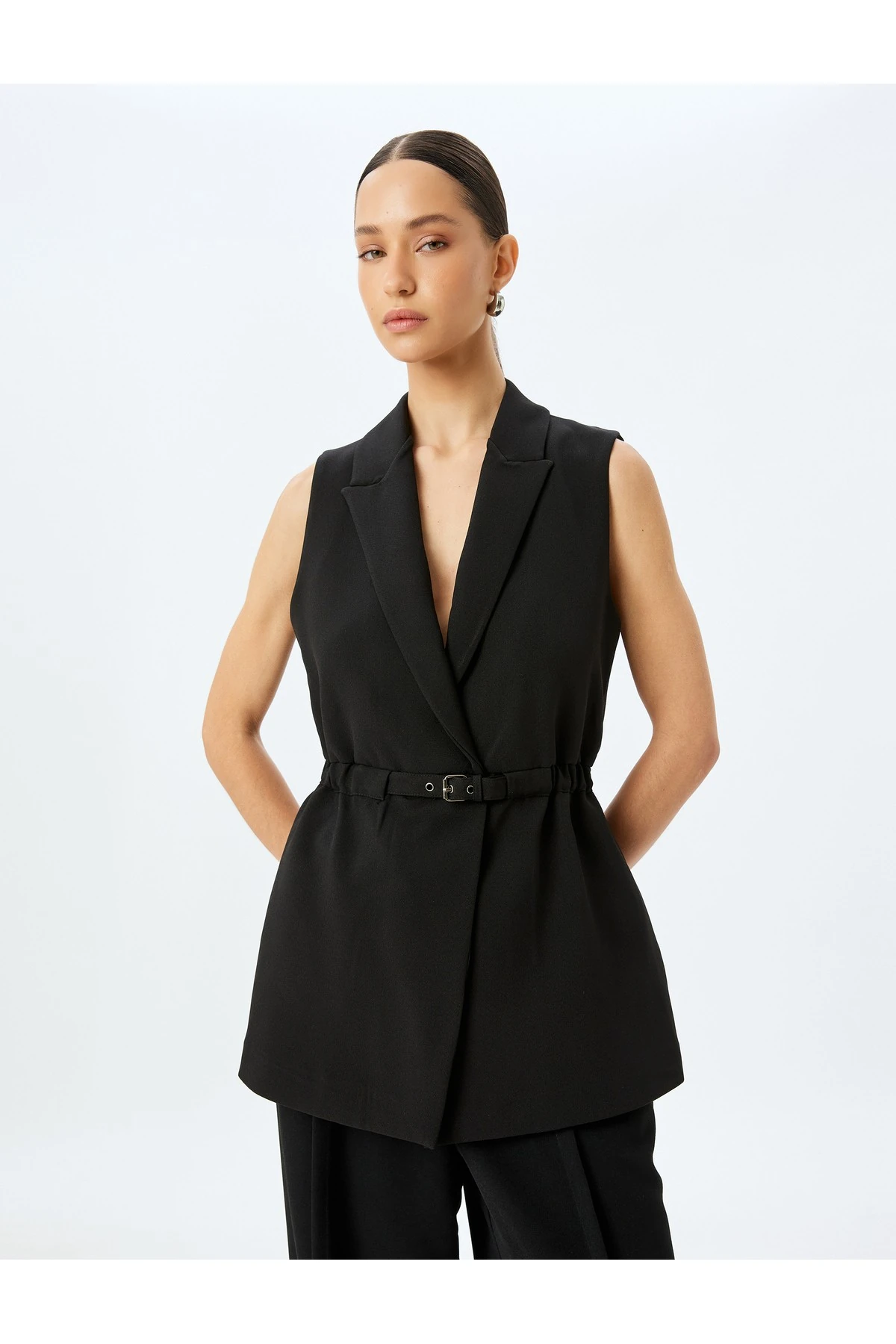 Kemerli Kruvaze Uzun Blazer Yelek
