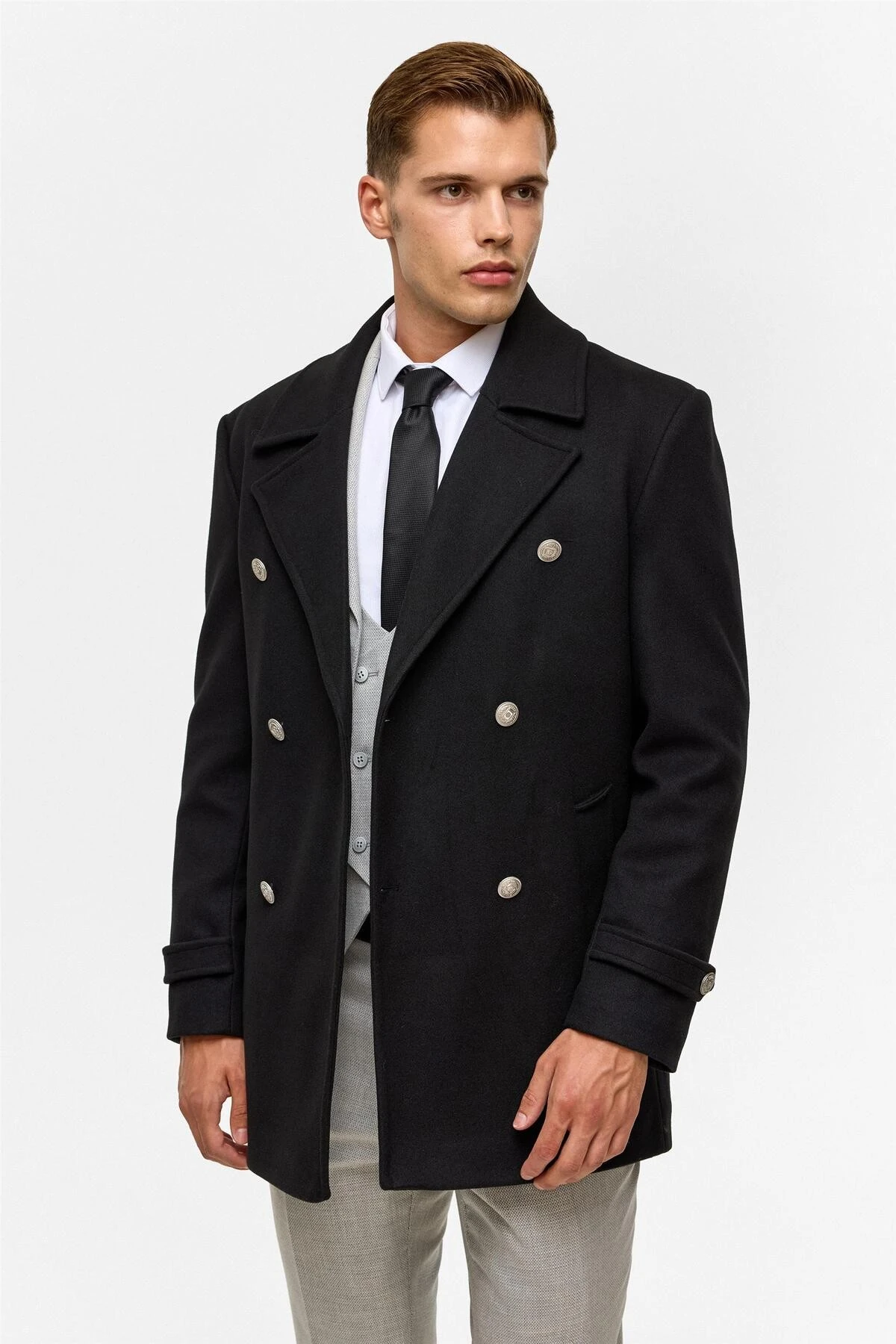 Siyah Slim Düz Kruvaze Yaka Kaban