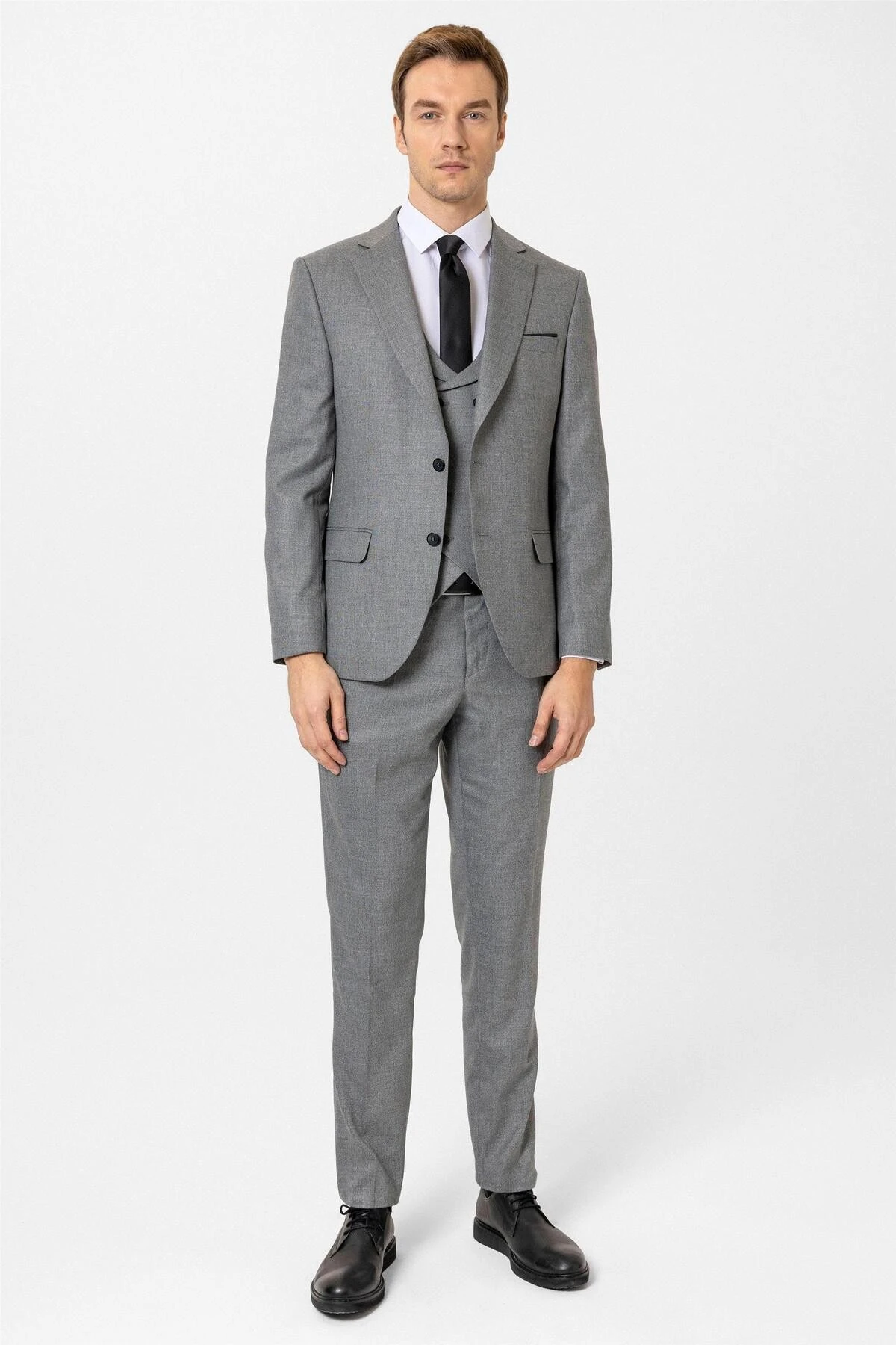 Antrasit Slim Fit Desenli Mono Yaka 6 Drop Yelekli Klasik Takım Elbise