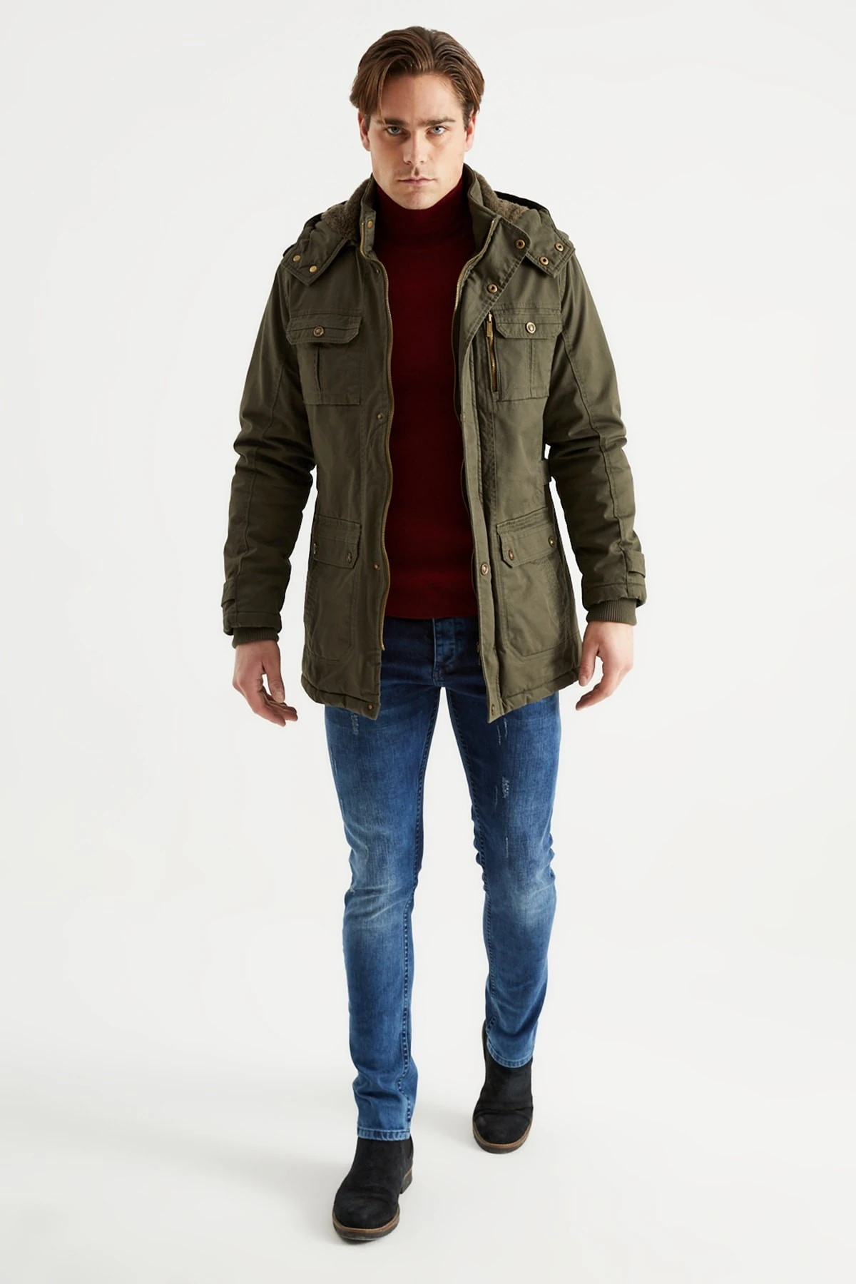 Erkek Askeri Yeşil Büyük Beden Kapüşonlu Kürk Astarlı Su Geçirmez Kalın Kaban