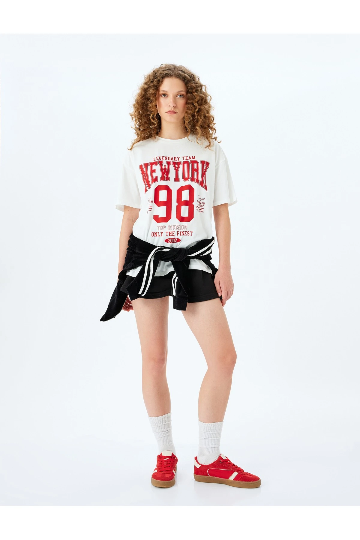 Kolej Baskılı Oversize Bisiklet Yaka Kısa Kollu Tişört