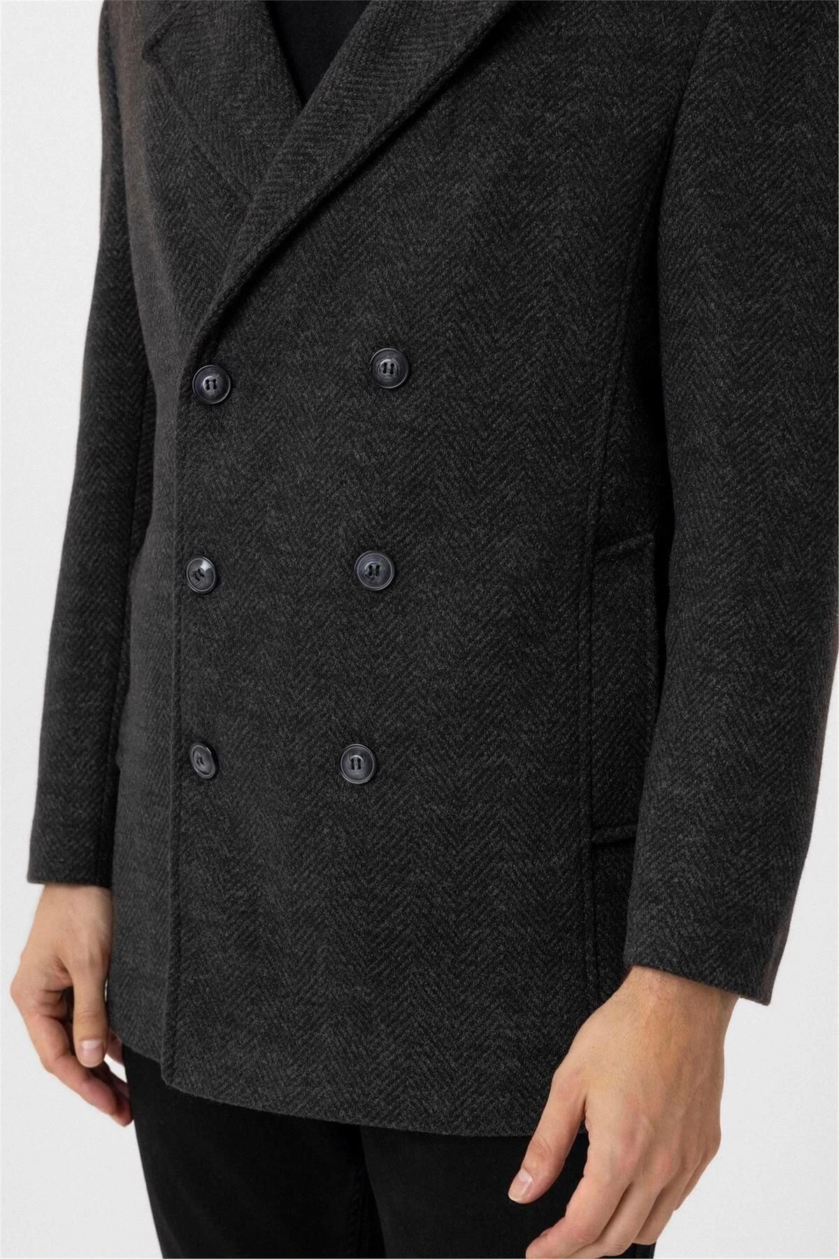 Süvari Slim Balıksırtı Desenli Gri Kruvaze Erkek Kaban