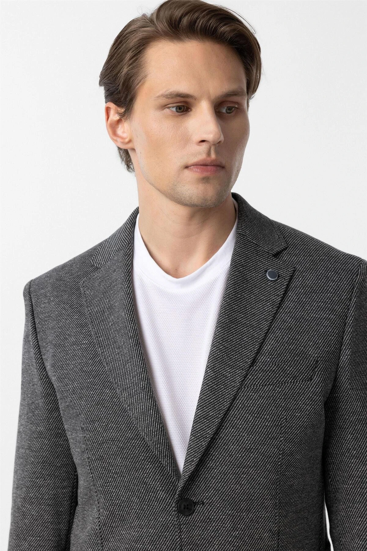 Siyah Slim Fit Desenli Mono Yaka 6 Drop Ceket