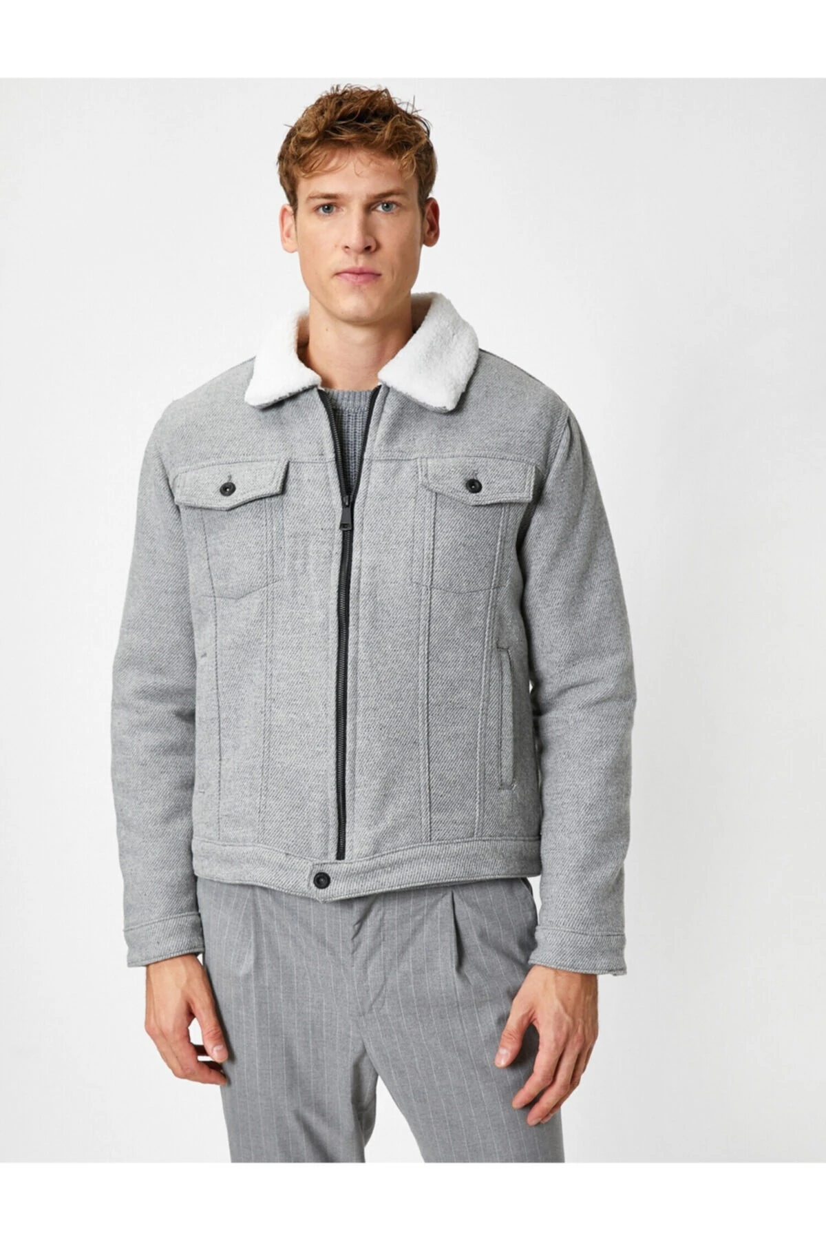 Suni Kürk Detaylı Fermuarlı Cepli Ceket