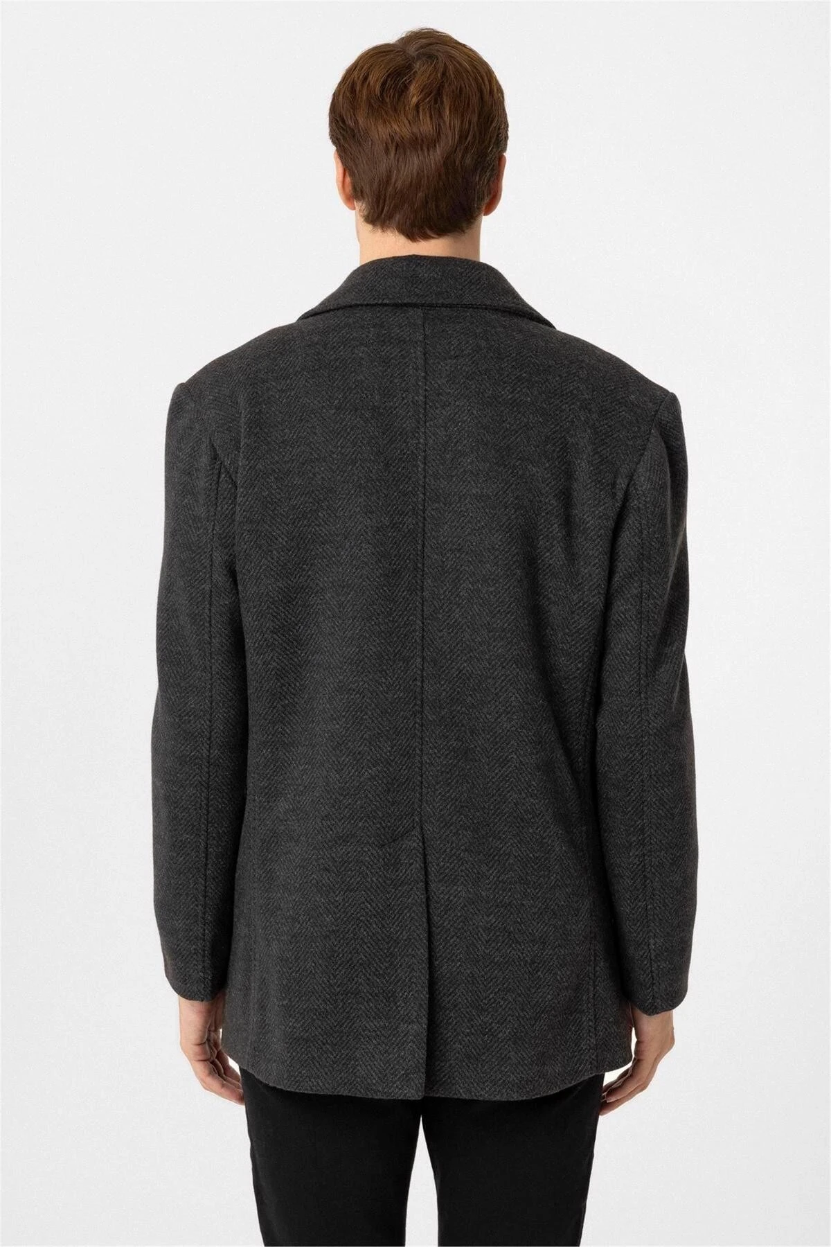 Süvari Slim Balıksırtı Desenli Gri Kruvaze Erkek Kaban