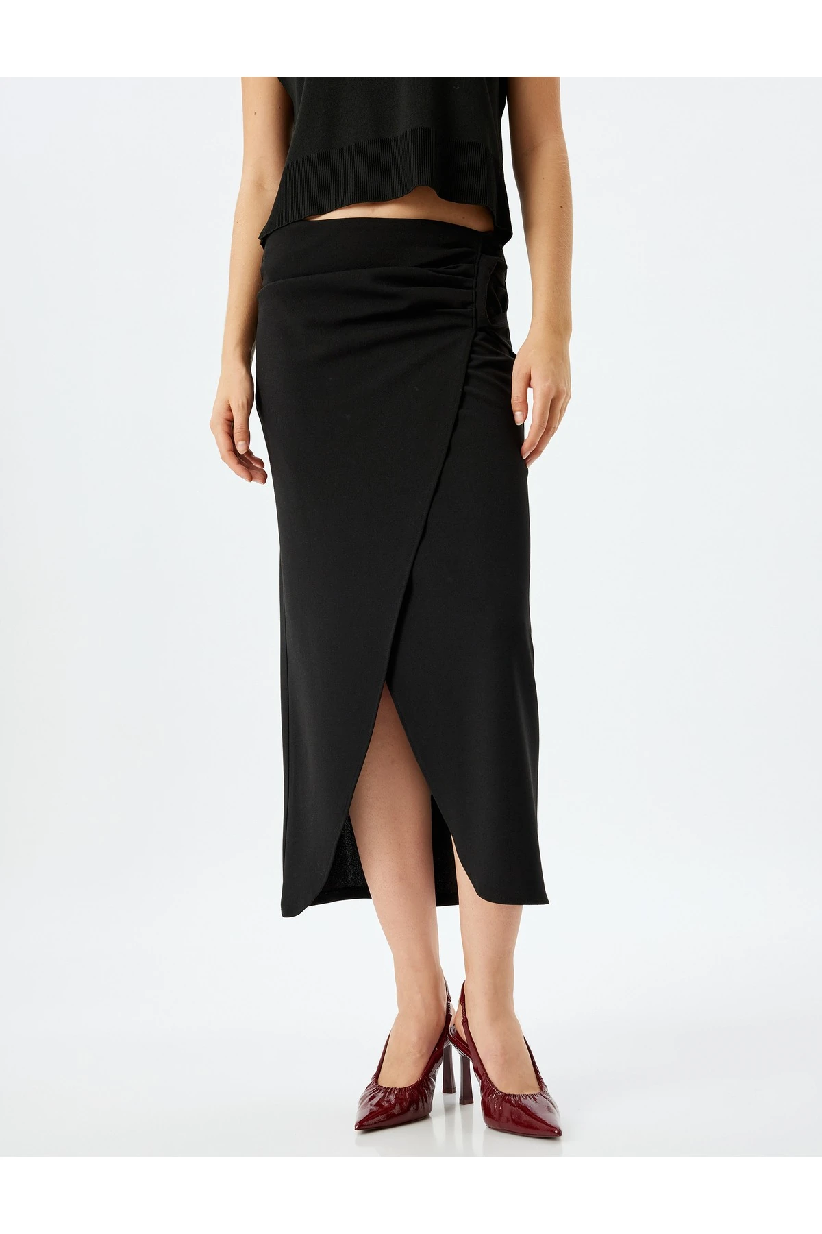 Slim Fit Drapeli Midi Boy Asimetrik Kruvaze Etek