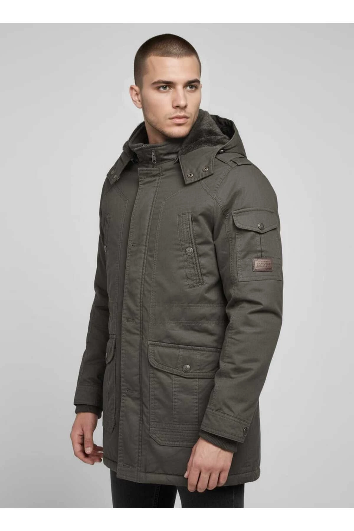 Erkek Kapüşonlu Kürk Astarlı Su Geçirmez Kaplamalı Kalın Kaban