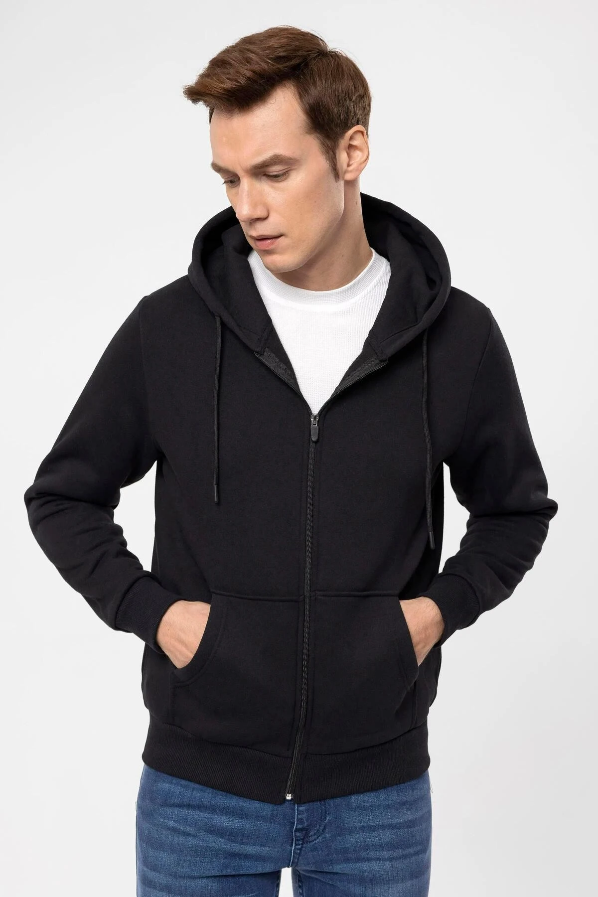 Süvari Kapüşonlu Fermuarlı Yaka Regular Kalıp Düz Lacivert Sweatshirt