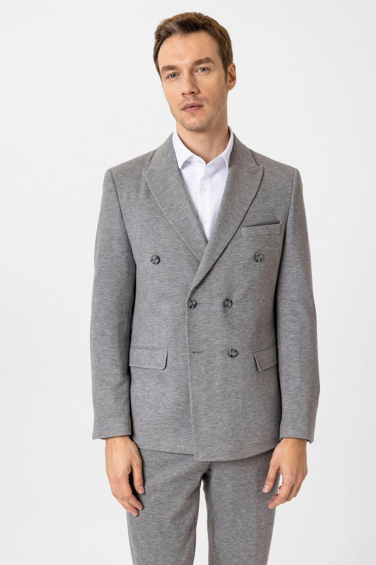 Gri Slim Fit Desenli Kruvaze Yaka 6 Drop Spor Takım Elbise