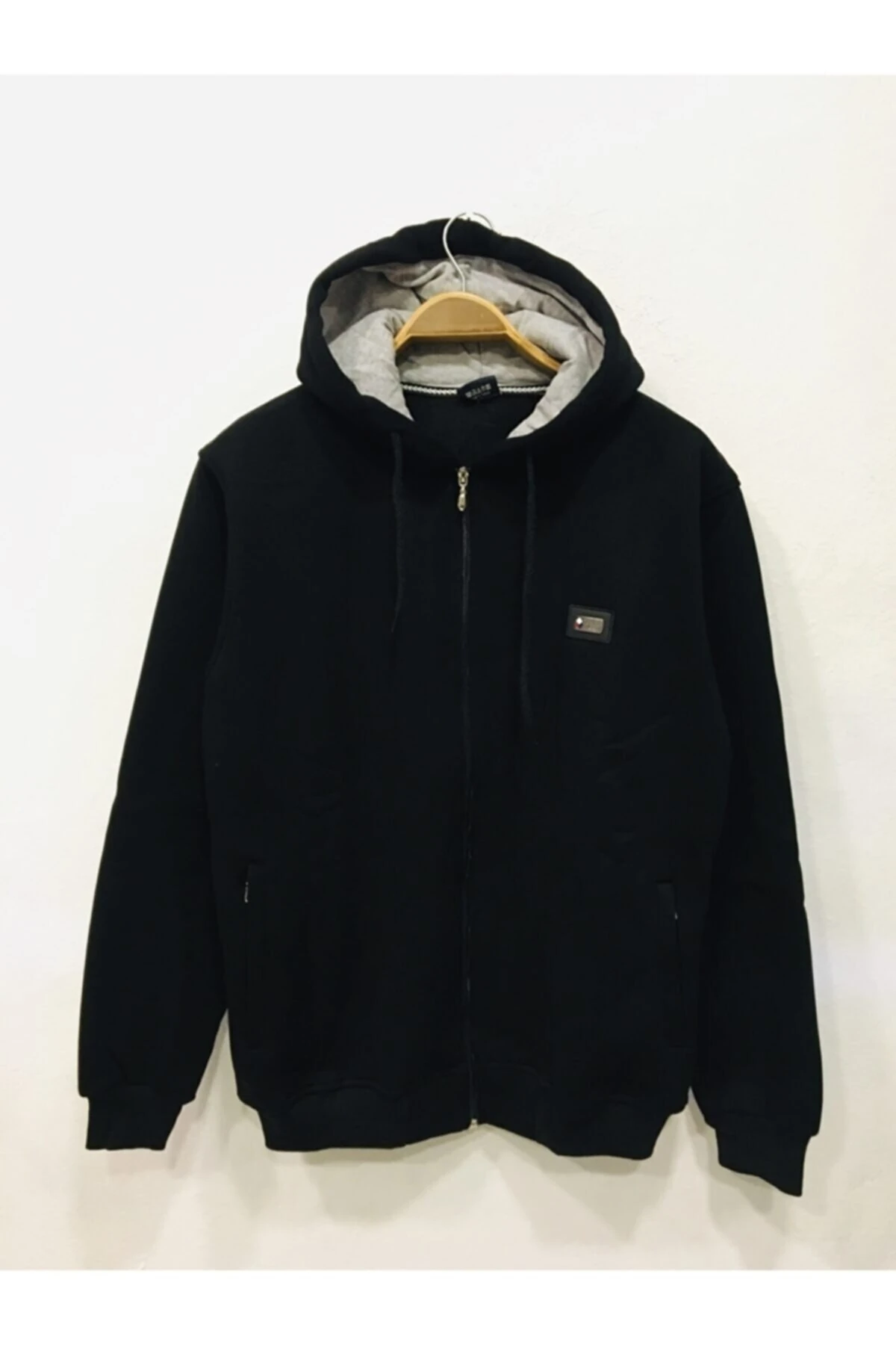 Massi Unisex Siyah Büyük Beden Içi Kalın Yumuşak Kapşonlu Fermuarlı Polar Hırka