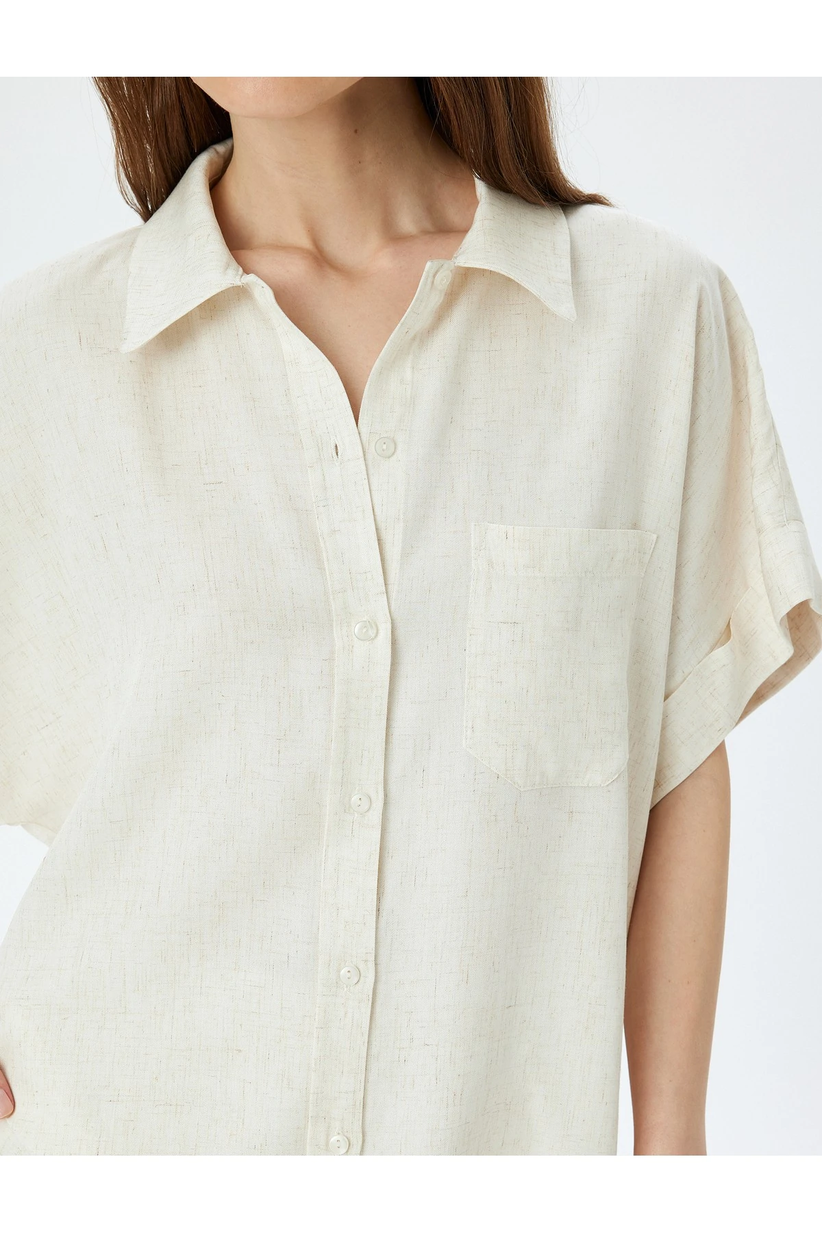 Tek Cep Detaylı Keten Karışımlı Kısa Kollu Gömlek