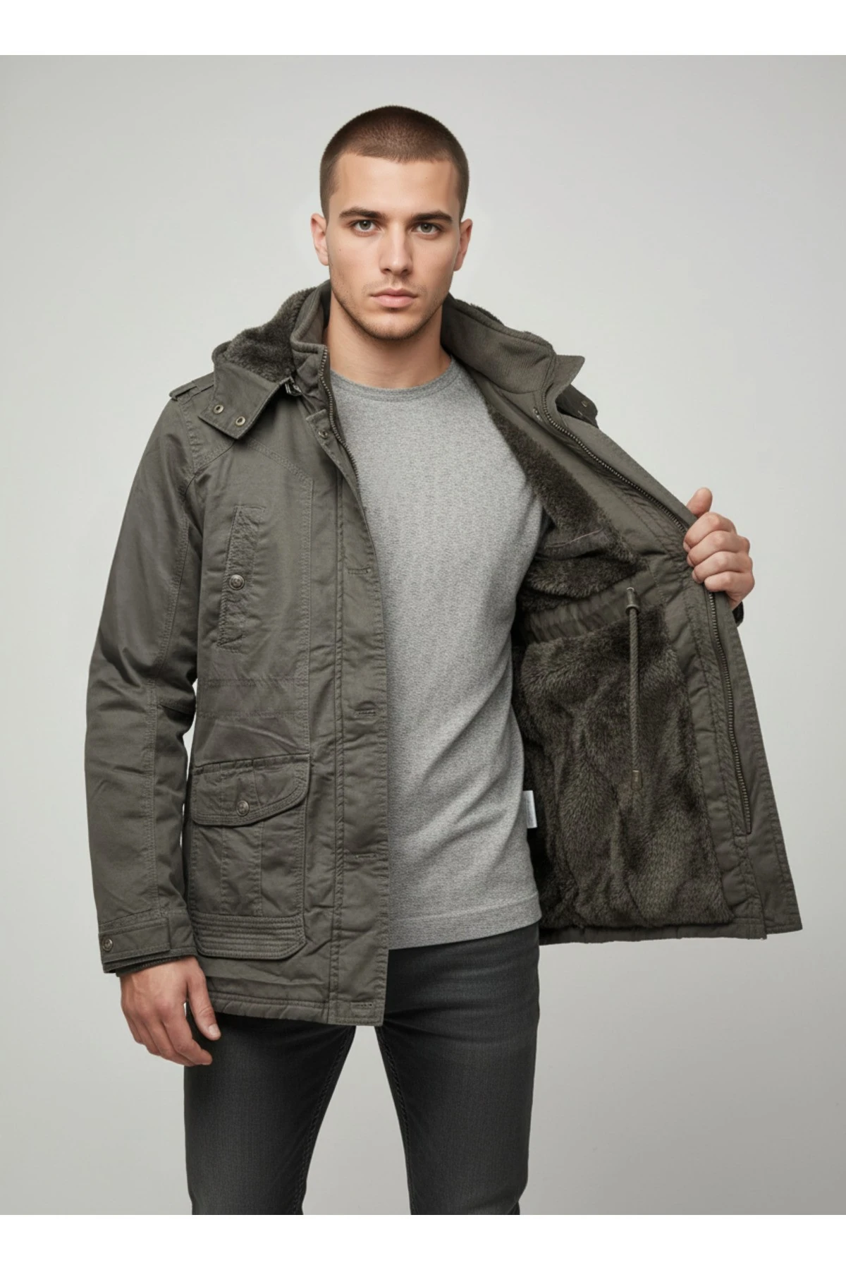 Erkek Kapüşonlu Kürk Astarlı Su Geçirmez Kaplamalı Kalın Kaban