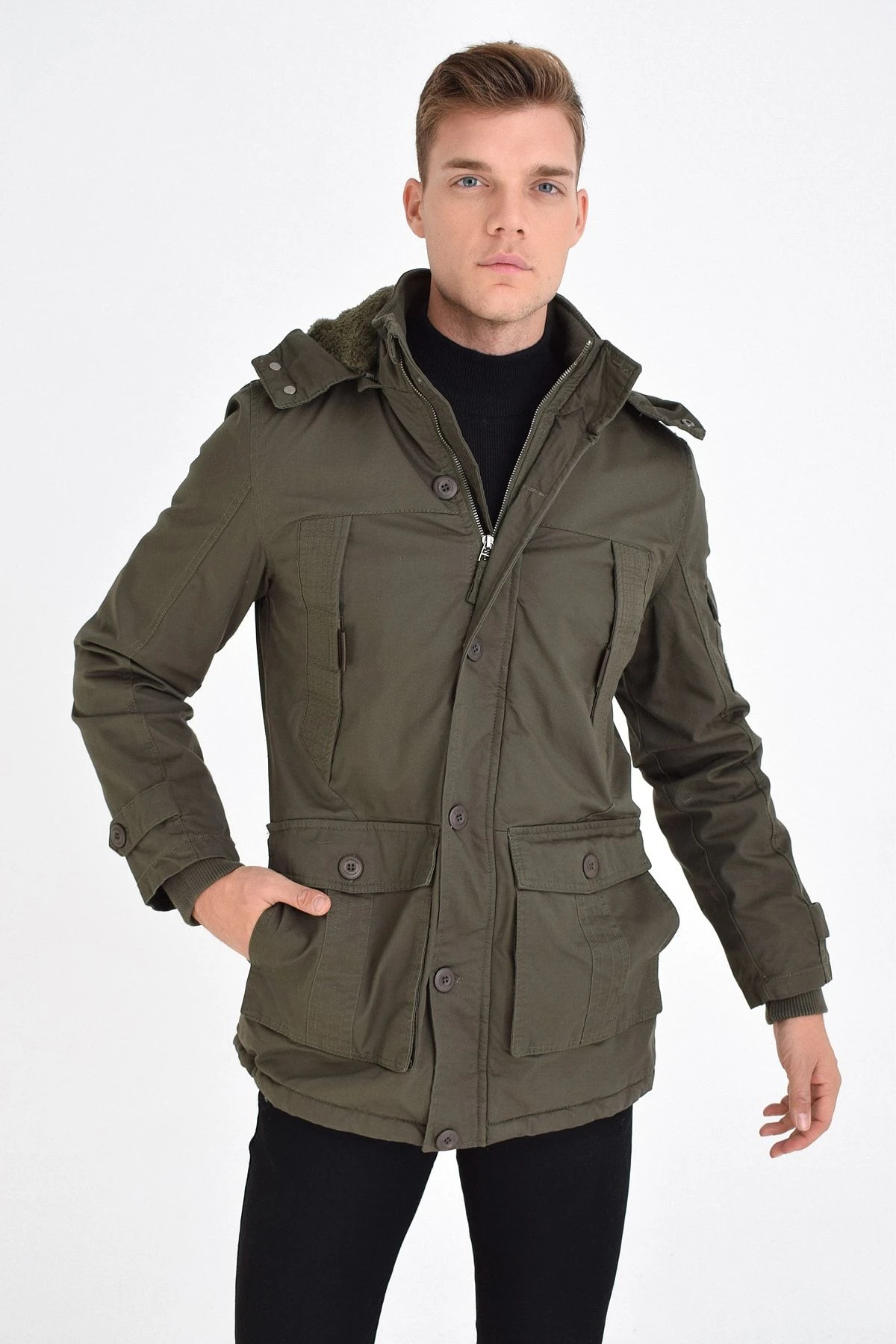 Erkek Askeri Yeşil Büyük Beden Su Geçirmez Kaplamalı Suni Kürk Astarlı Kalın Kaban