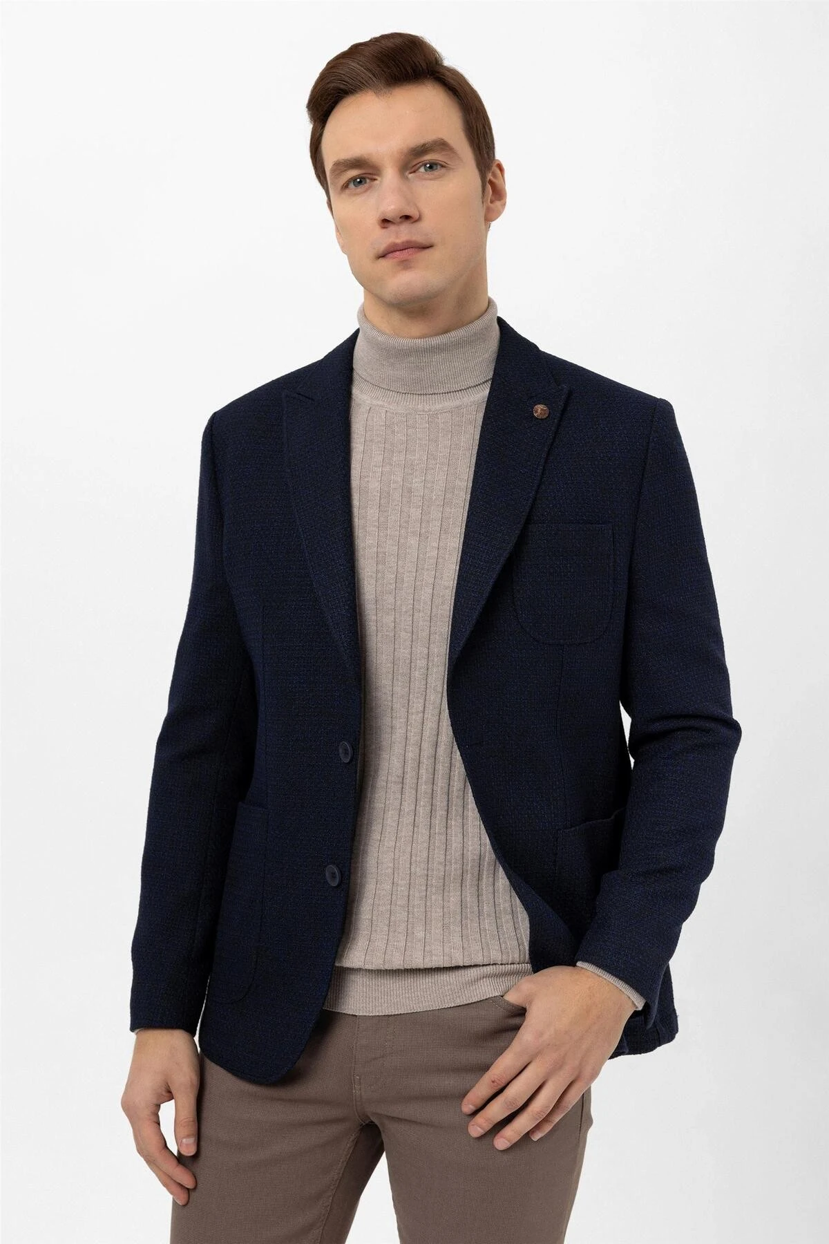 Lacivert Slim Fit Armürlü Sivri Yaka 6 Drop Ceket