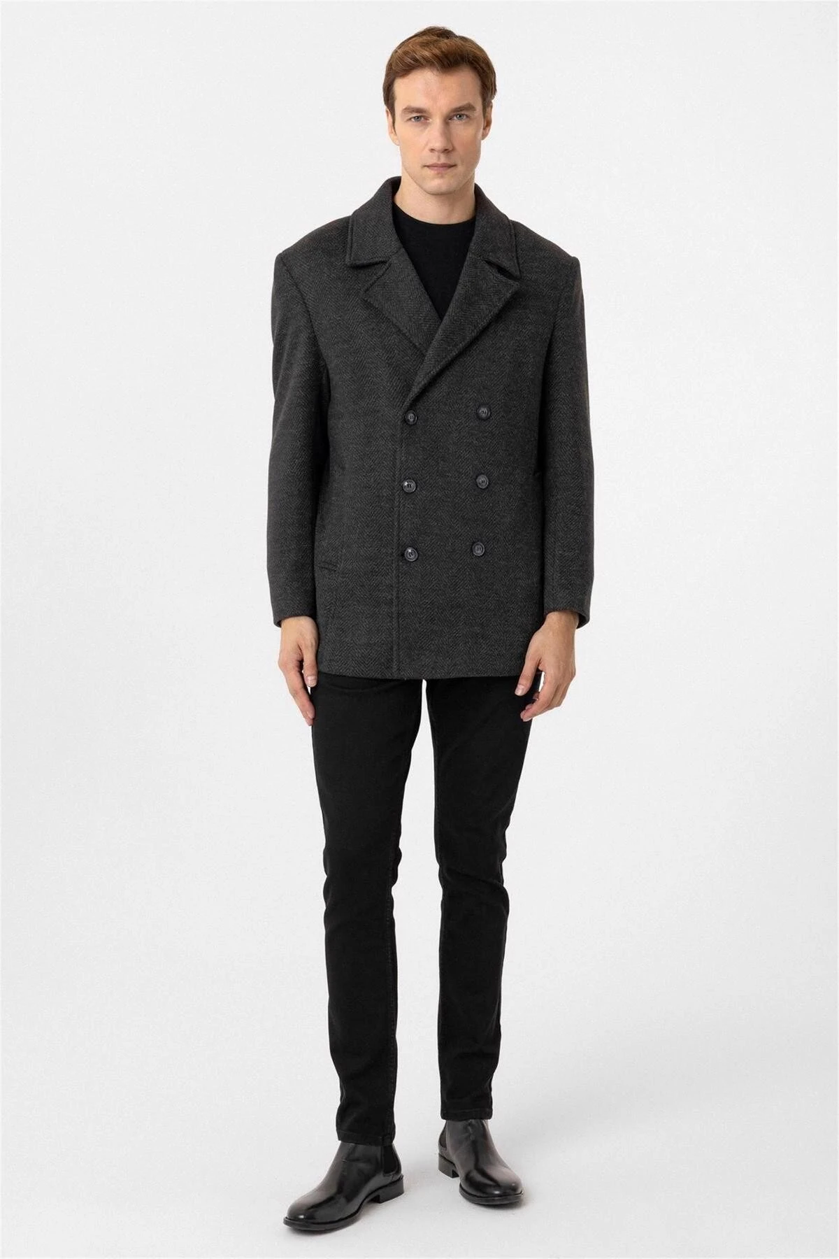 Süvari Slim Balıksırtı Desenli Gri Kruvaze Erkek Kaban