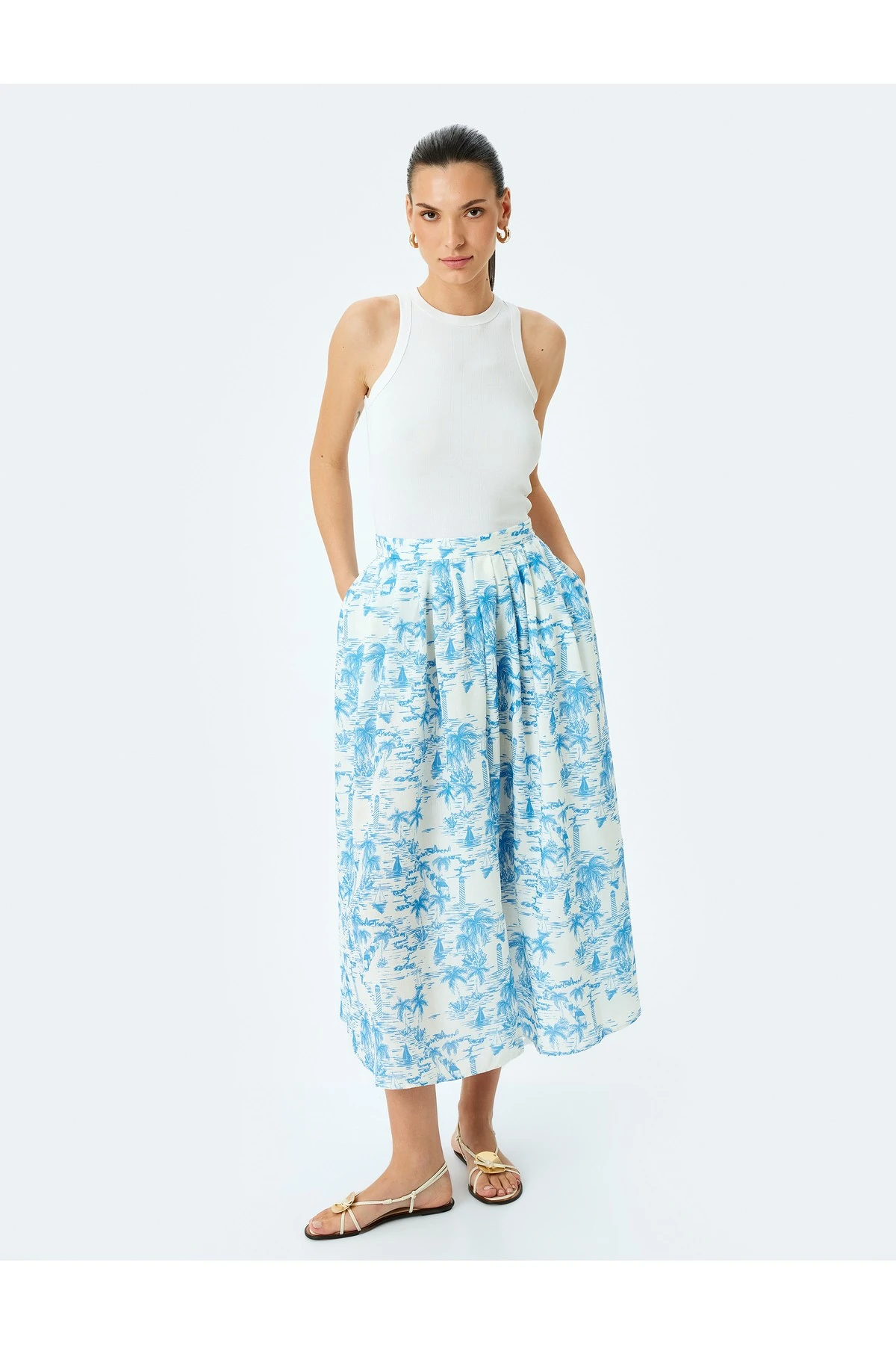 Yüksek Bel Cepli Kloş Midi Boy Çiçekli Etek