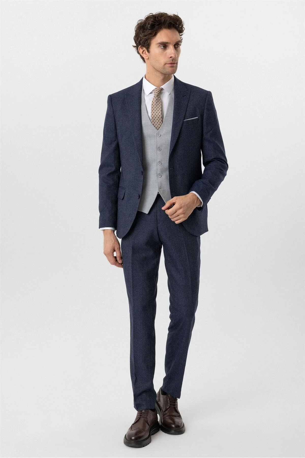 Lacivert Slim Fit Desenli Sivri Yaka 6 Drop Yelekli Klasik Takım Elbise