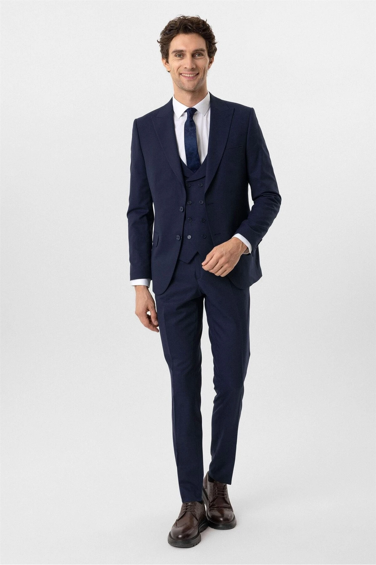 Lacivert Slim Fit Desenli Sivri Yaka 6 Drop Yelekli Klasik Takım Elbise