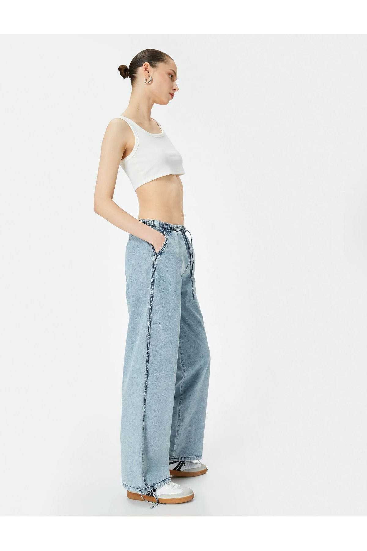 Oversize Paraşüt Denim Pantolon Standart Bel Beli Bağlamalı Cepli - Parachute Jean