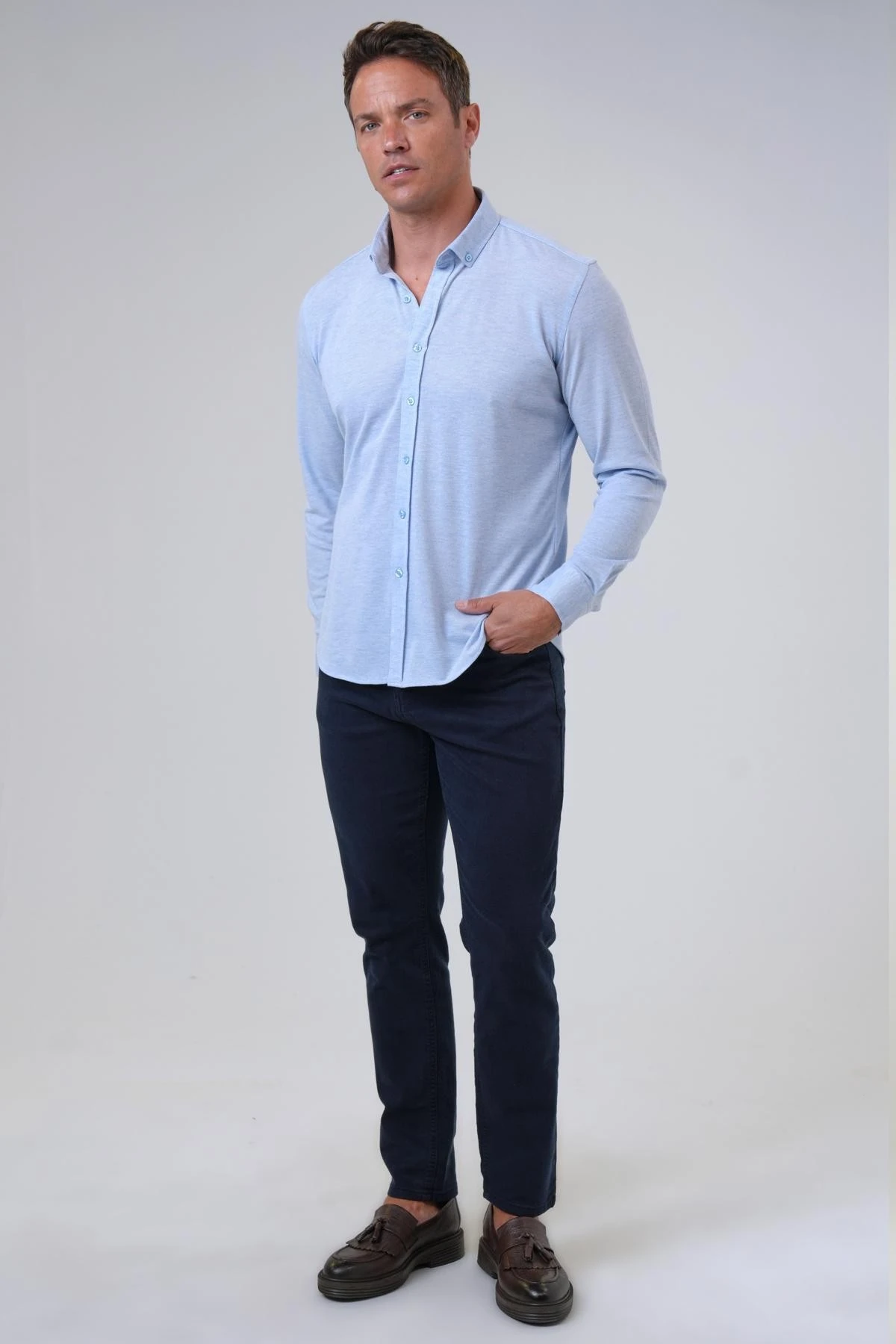 Manşetli Slim Armürlü Gömlek