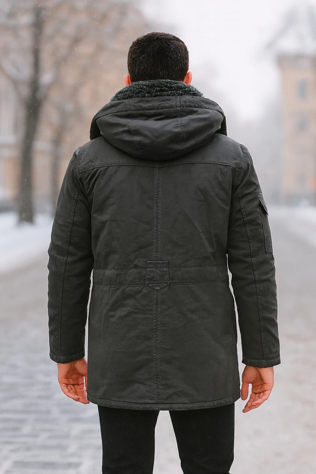 Erkek Haki Slim Fit Çıkarılabilir Kapüşonlu Kürk Astarlı Su Geçirmez Kaplamalı Kalın Kaban