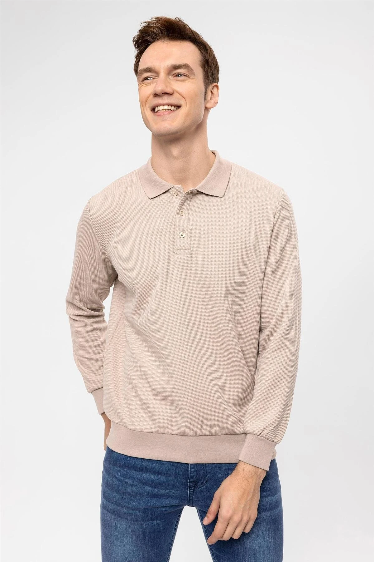 Bej Regular Armürlü Polo Yaka Sweatshirt