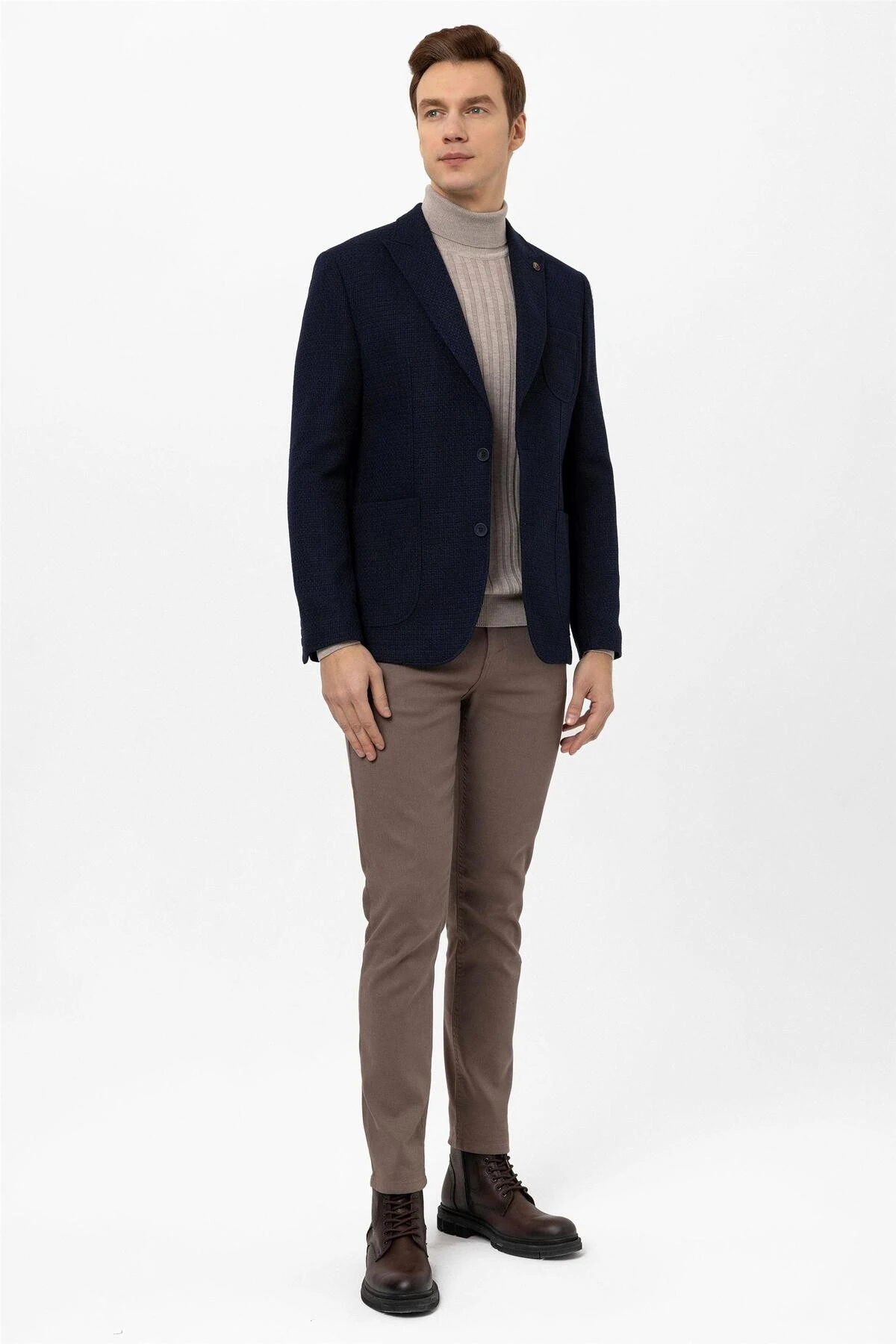 Lacivert Slim Fit Armürlü Sivri Yaka 6 Drop Ceket