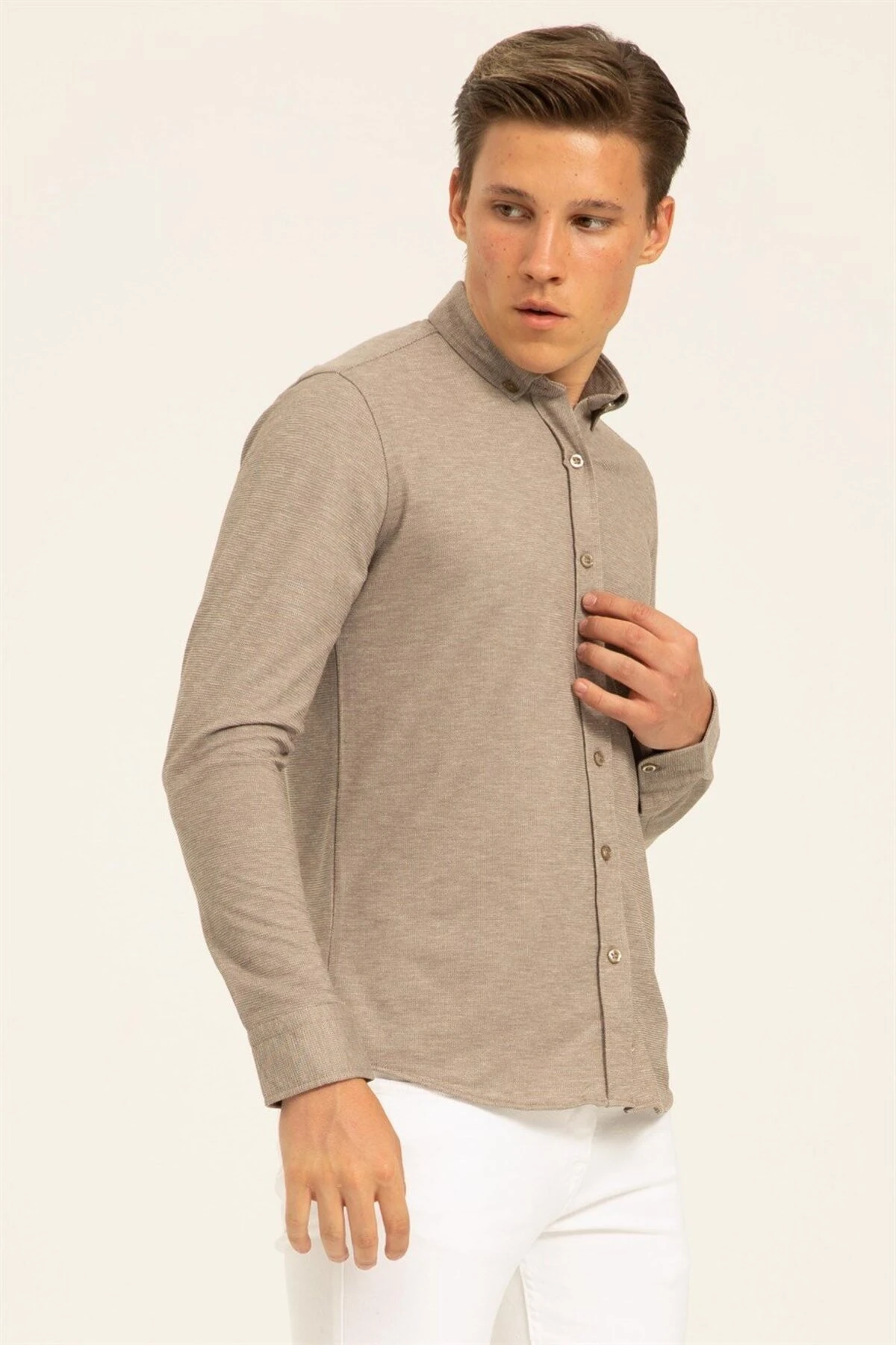 Süvari Slim Fit Uzun Kol Jakarlı Örme Bej Erkek Gömlek