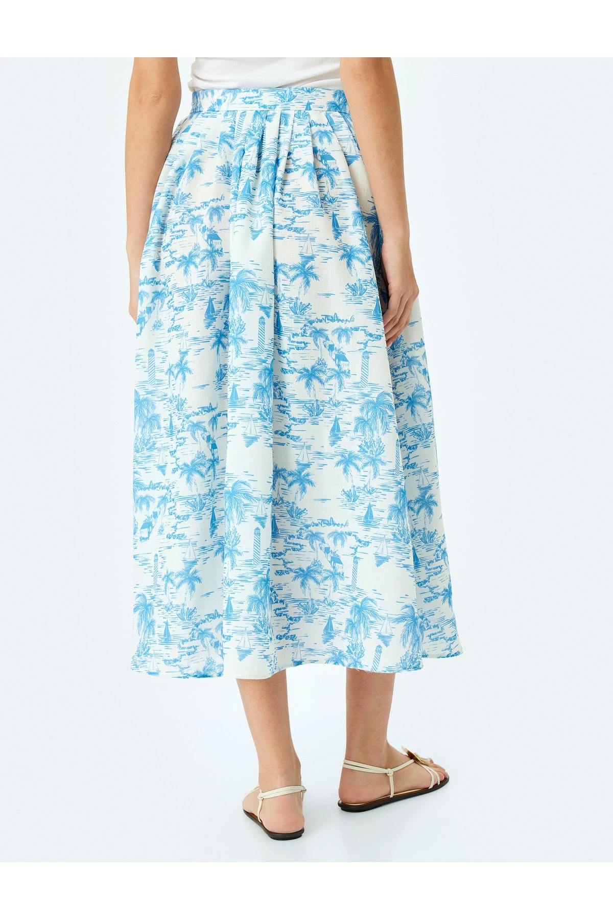 Yüksek Bel Cepli Kloş Midi Boy Çiçekli Etek