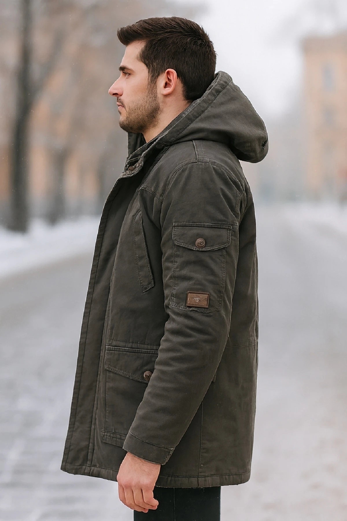 Erkek Haki Slim Fit Çıkarılabilir Kapüşonlu Kürk Astarlı Su Geçirmez Kaplamalı Kalın Kaban