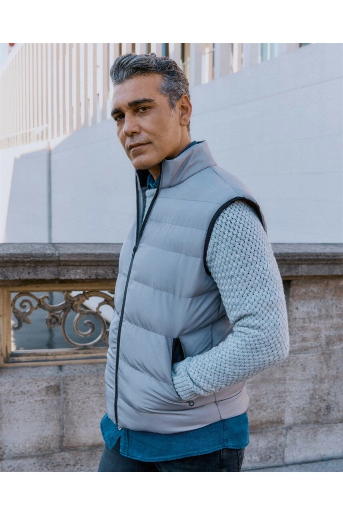 Süvari Gri Dar Kesim Dolum Yelek