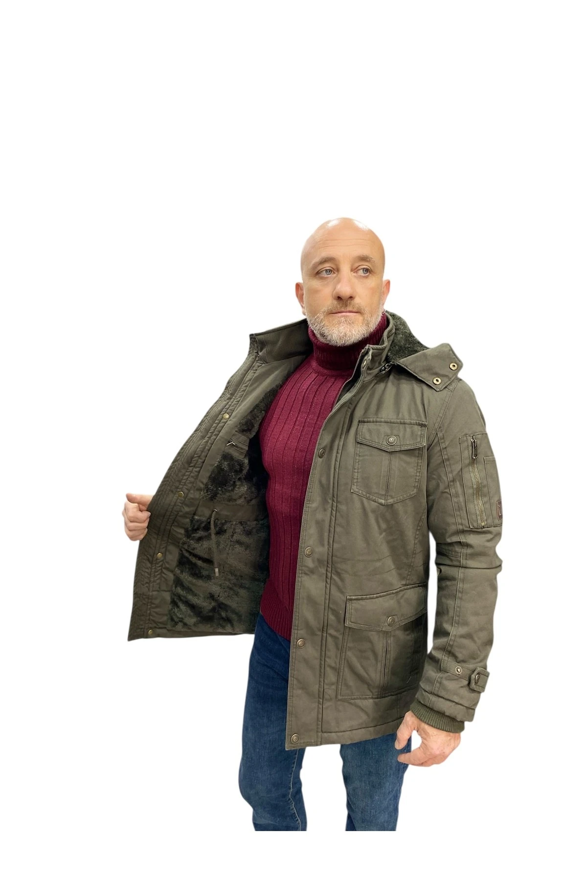 Erkek Askeri Yeşil Kapüşonlu Kürk Astarlı Su Geçirmez Kalın Kaban