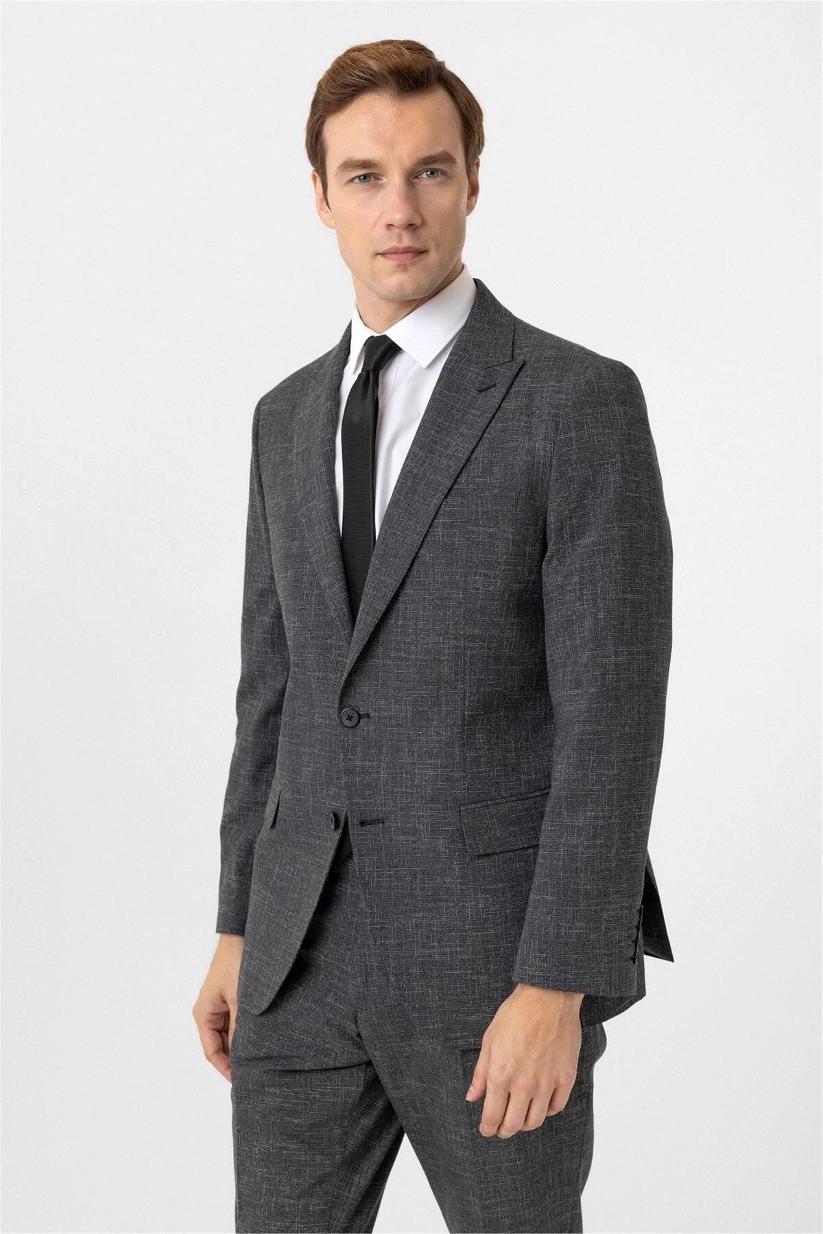 Antrasit Regular Desenli Sivri Yaka 6 Drop Klasik Takım Elbise