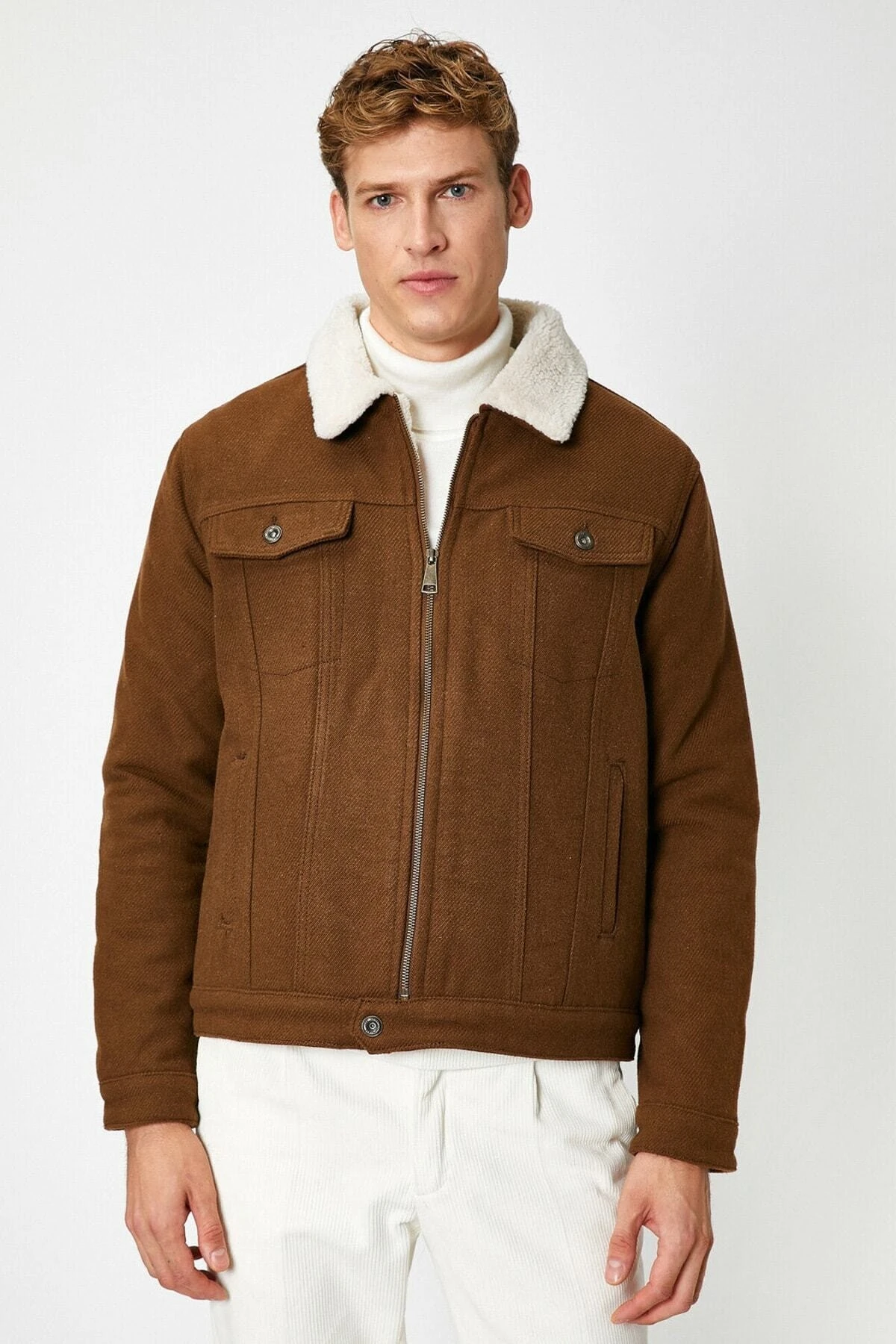 Suni Kürk Detaylı Fermuarlı Cepli Ceket