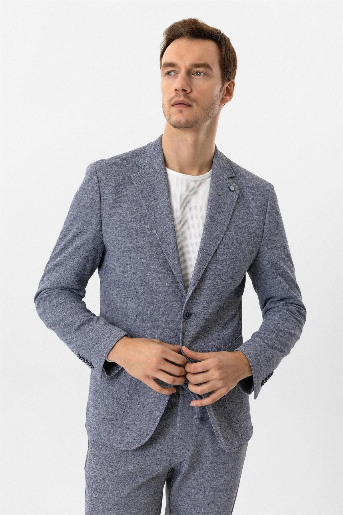 Parlament Mavi Slim Fit Desenli Mono Yaka 6 Drop Spor Takım Elbise