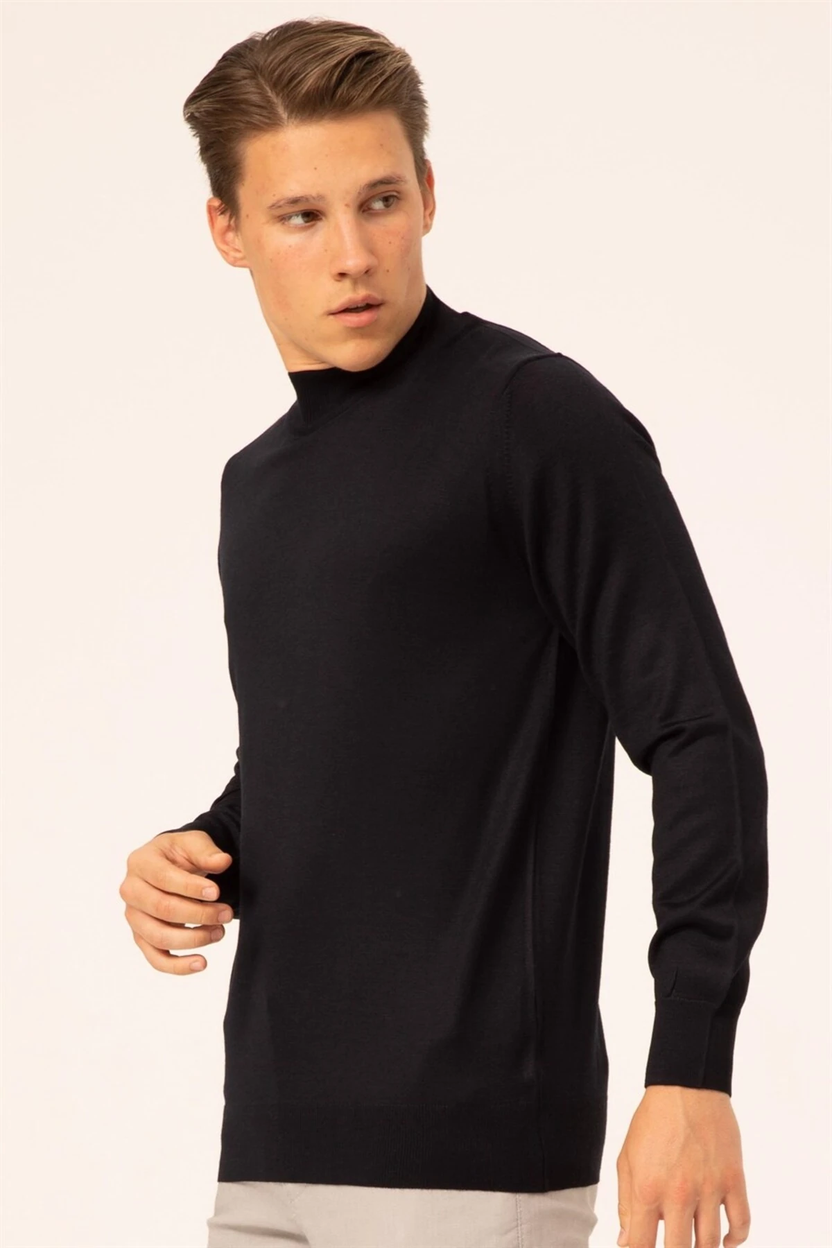 Süvari Yün Akrilik Düz Yarım Balıkçı Kahverengi Erkek Triko