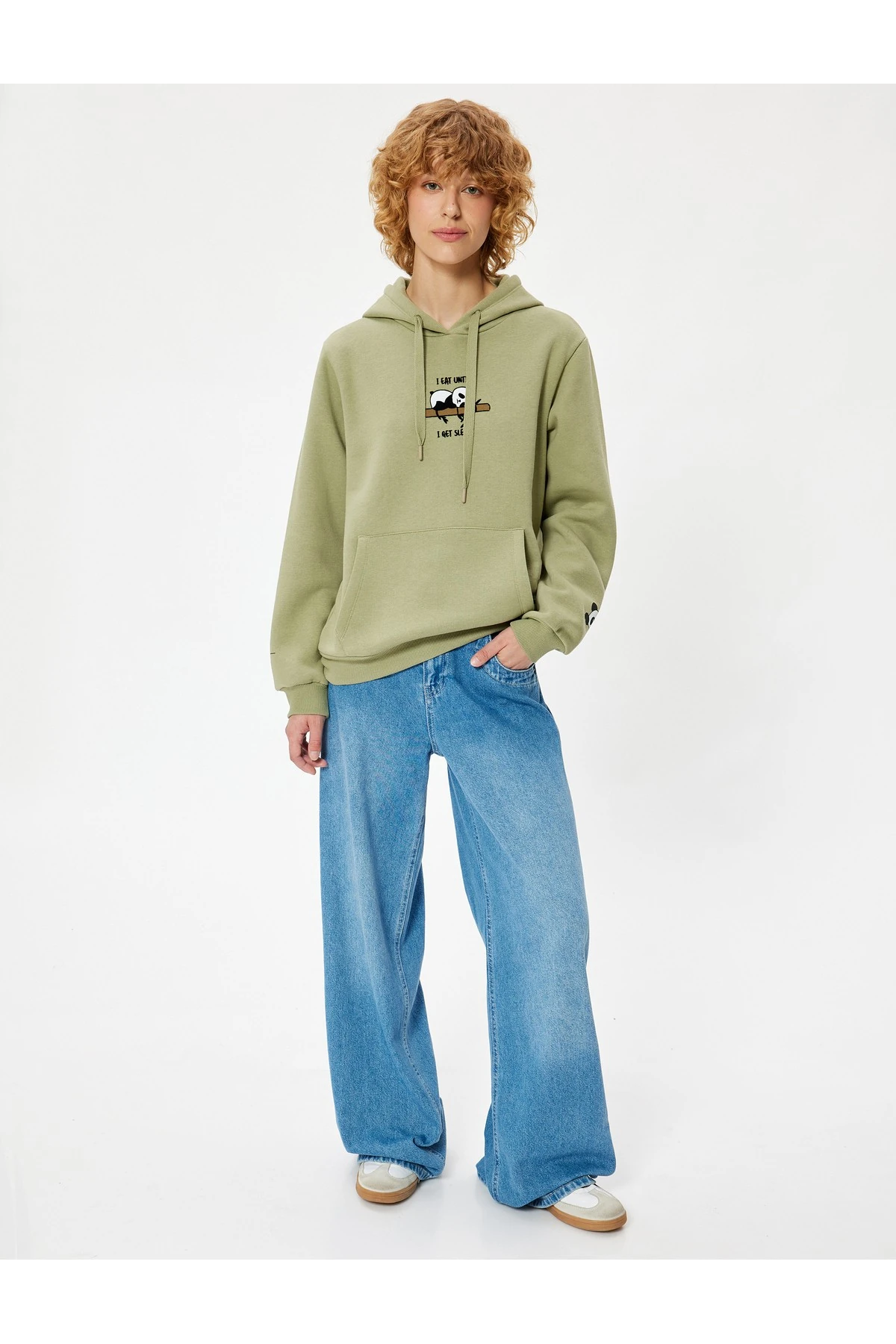 Şardonlu Oversize Kapüşonlu Sweatshirt Panda İşlemeli Kanguru Cepli