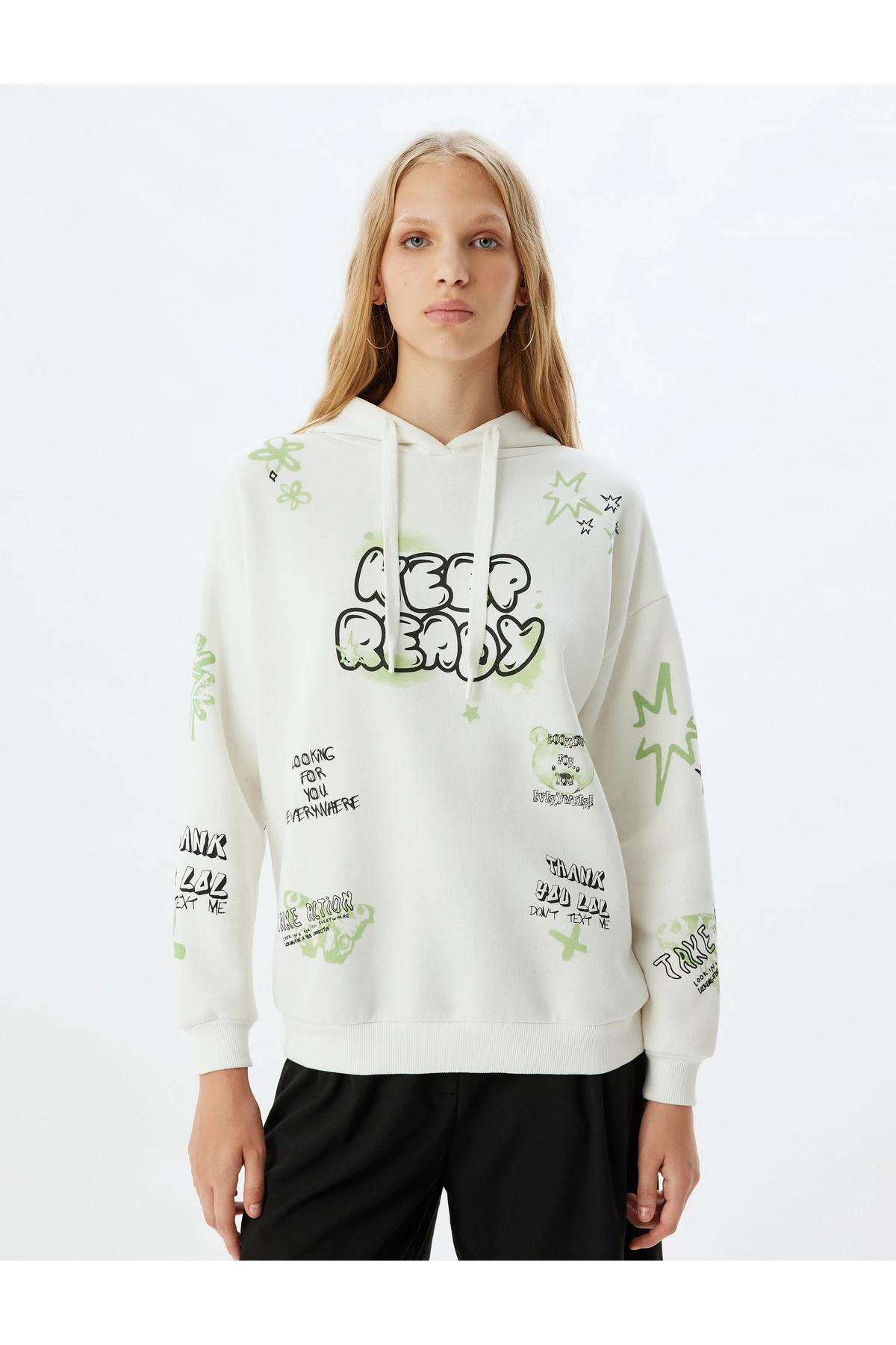 Şardonlu Kapüşonlu Sweatshirt Slogan Baskılı Rahat Kalıp