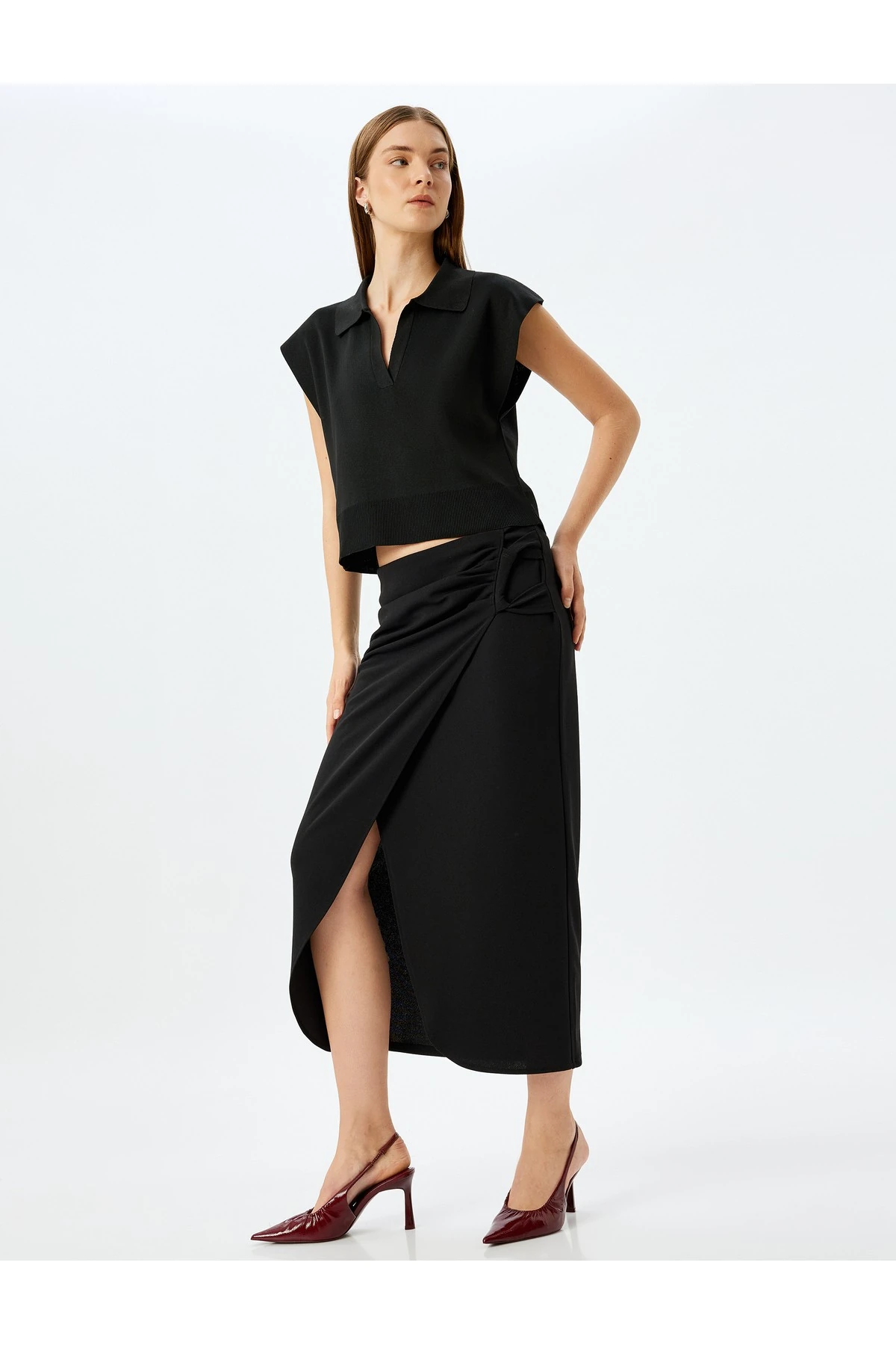 Slim Fit Drapeli Midi Boy Asimetrik Kruvaze Etek