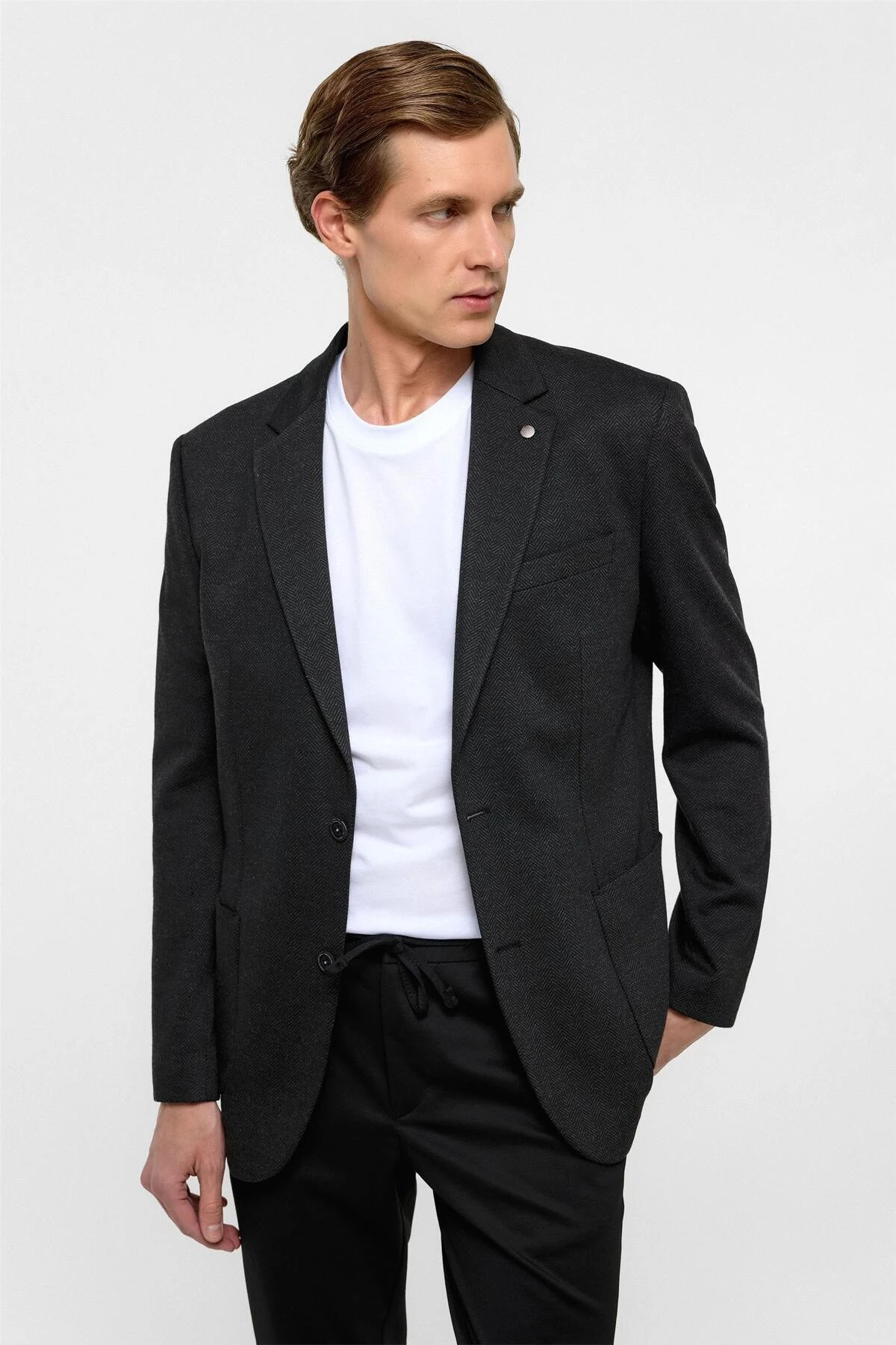 Siyah Regular Fit Mono Yaka 6 Drop Ceket