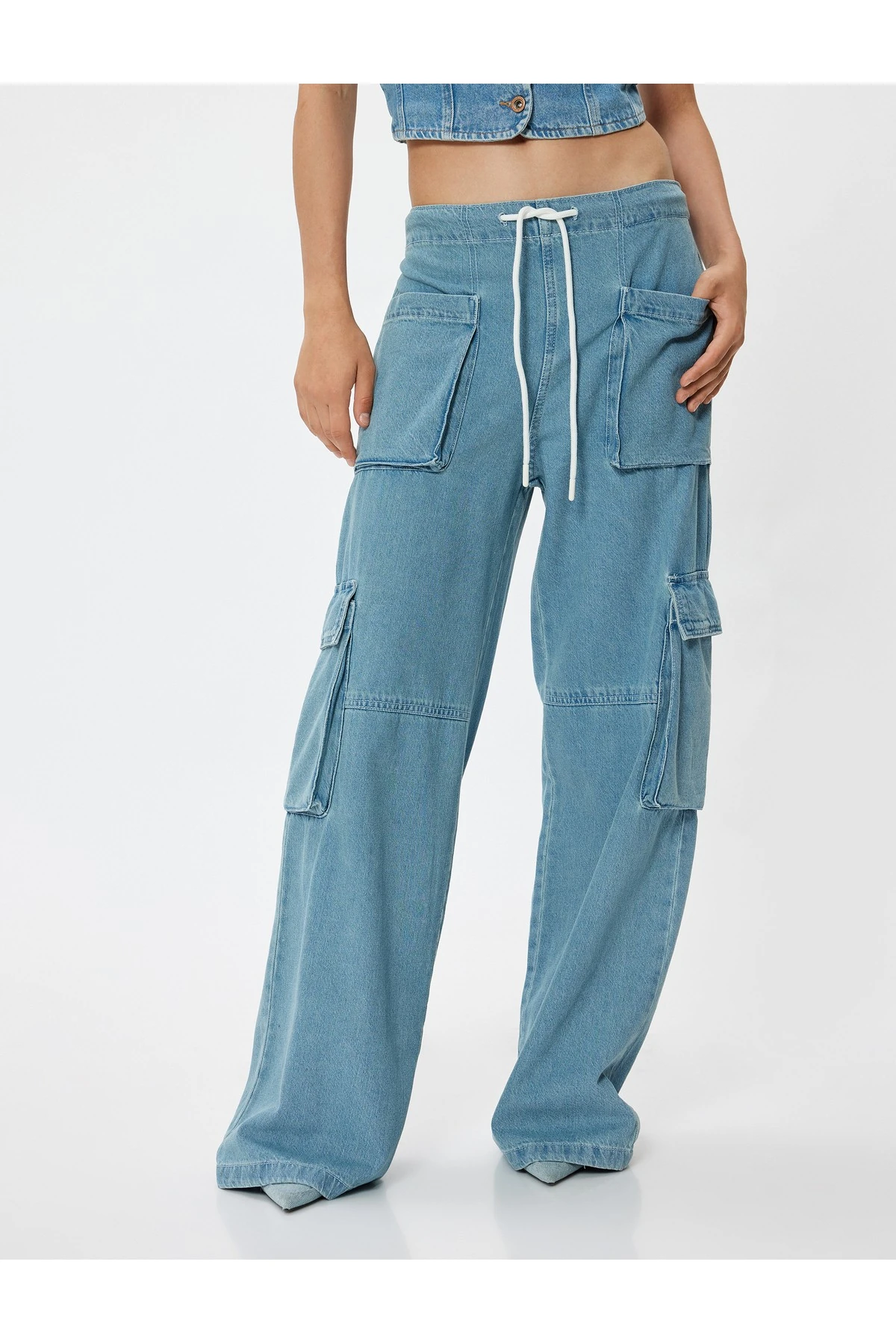 Oversize Kargo Kot Pantolon Beli Lastikli Cep Detaylı - Loose Straight Fit Jeans