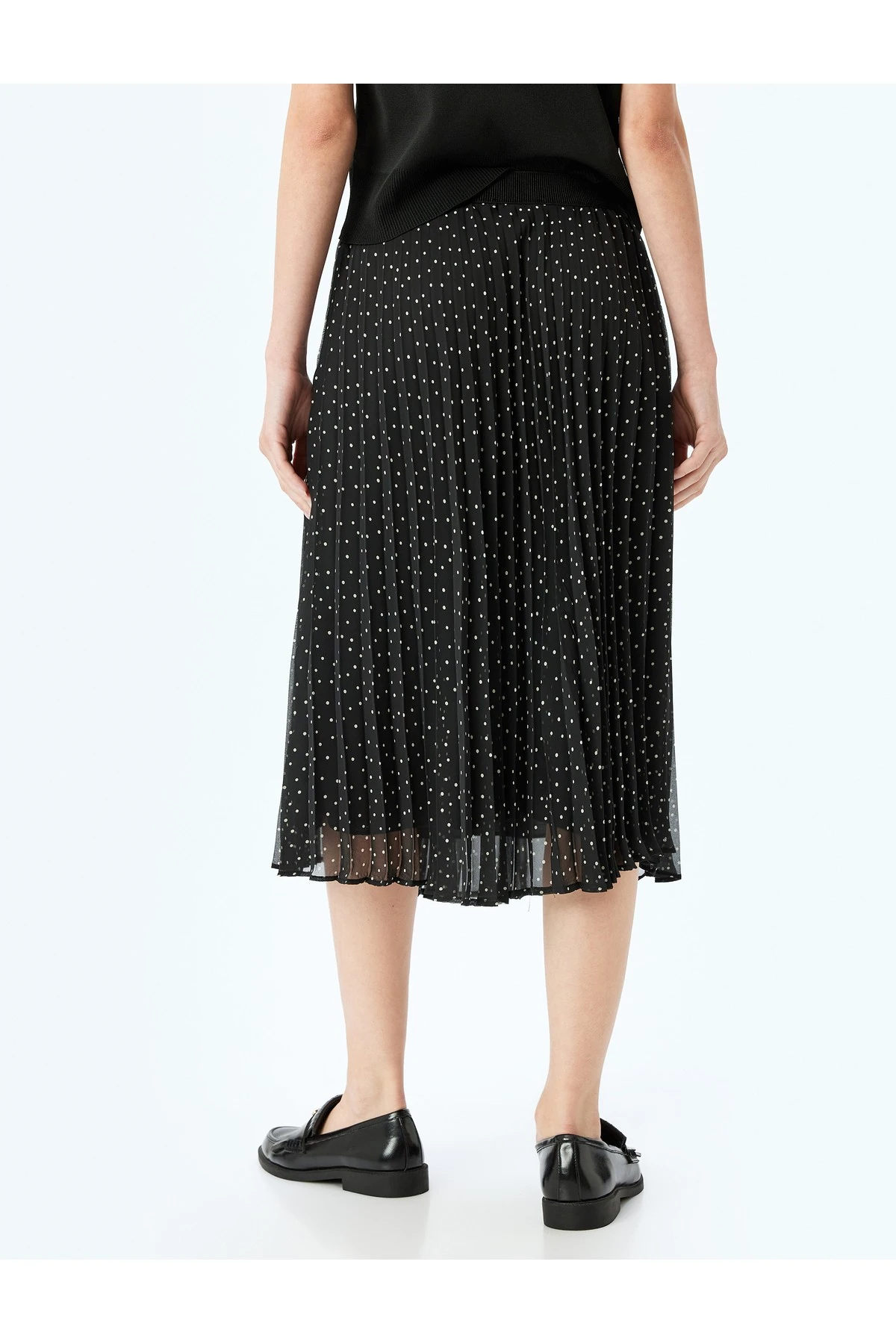 Astarlı Yüksek Bel Puantiyeli Midi Boy Pileli Şifon Etek