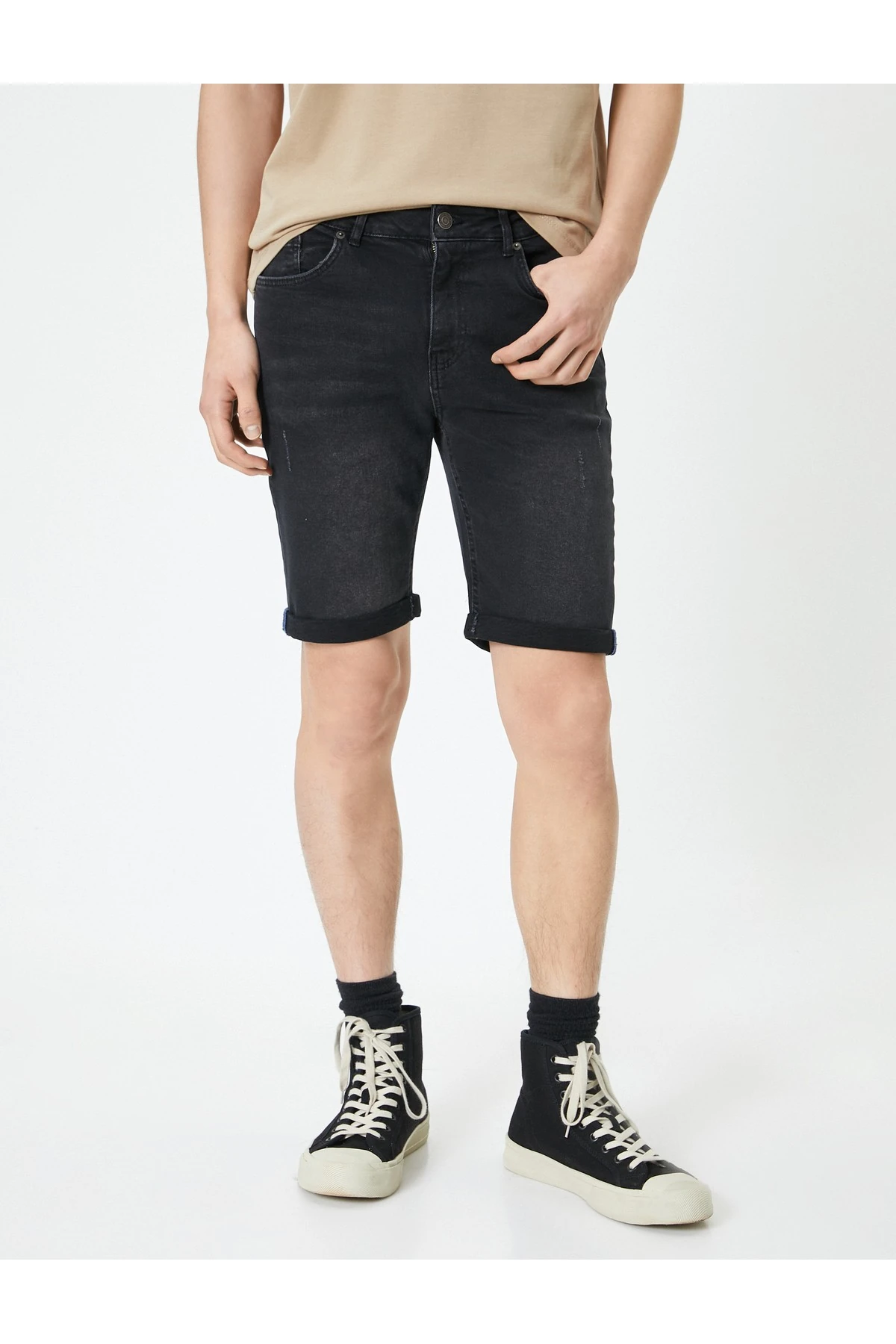 Yırtık Kot Şort Bermuda Slim Fit Katlı Paça Düğmeli