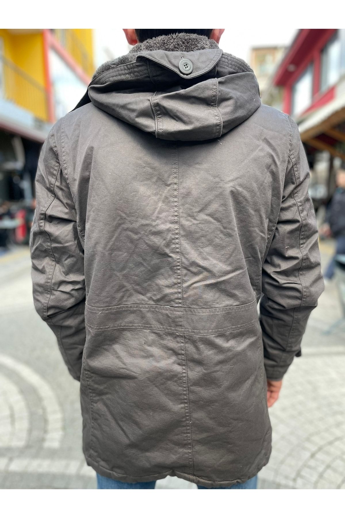 Içi Polarlı Suya Dayanıklı Kanvas Kumaş Çıkarılabilir Kapüşonlu Parka Kaban Kahverengi Vizon