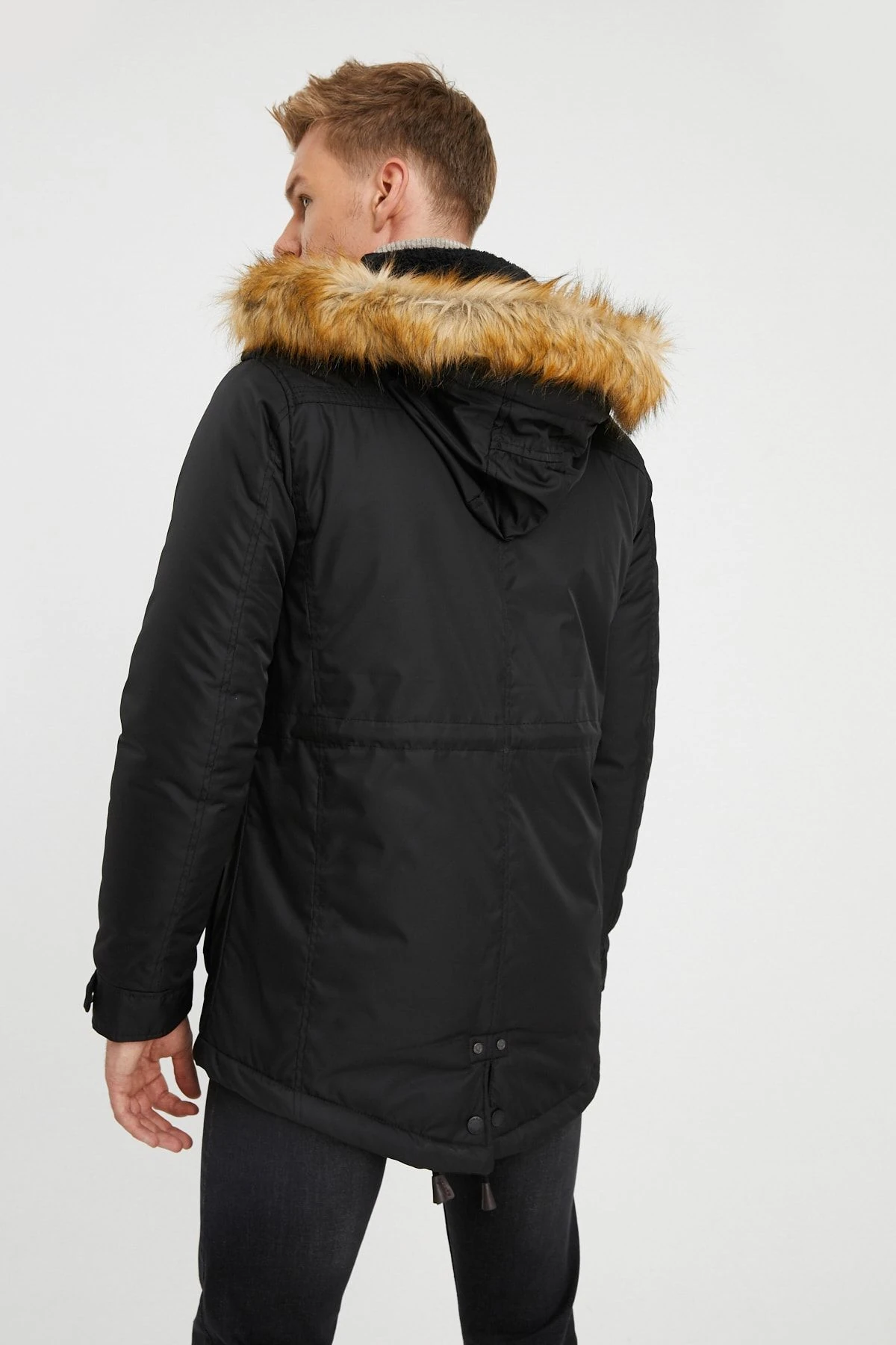 Erkek Siyah Kapüşonlu Kürk Astarlı Su Geçirmez Kalın Kaban