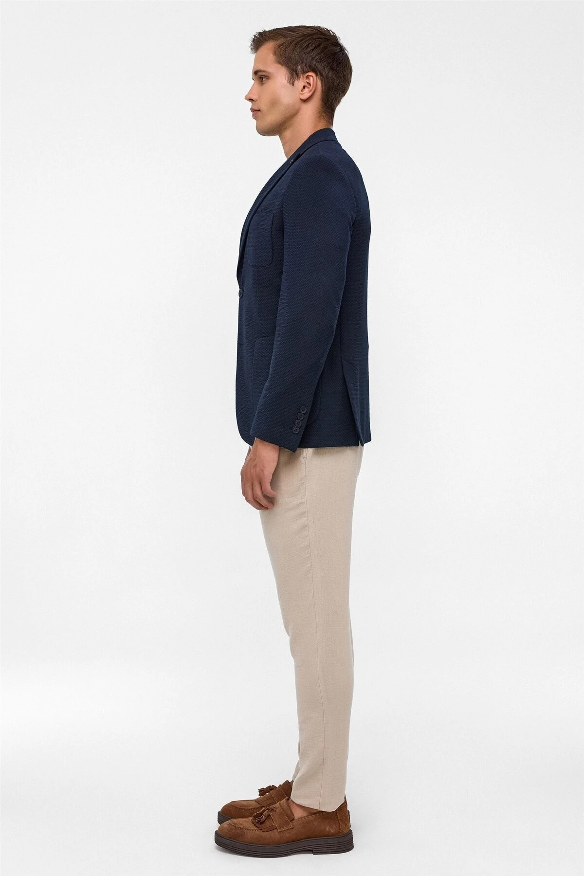 Lacivert Slim Desenli Sivri Yaka 6 Drop Ceket