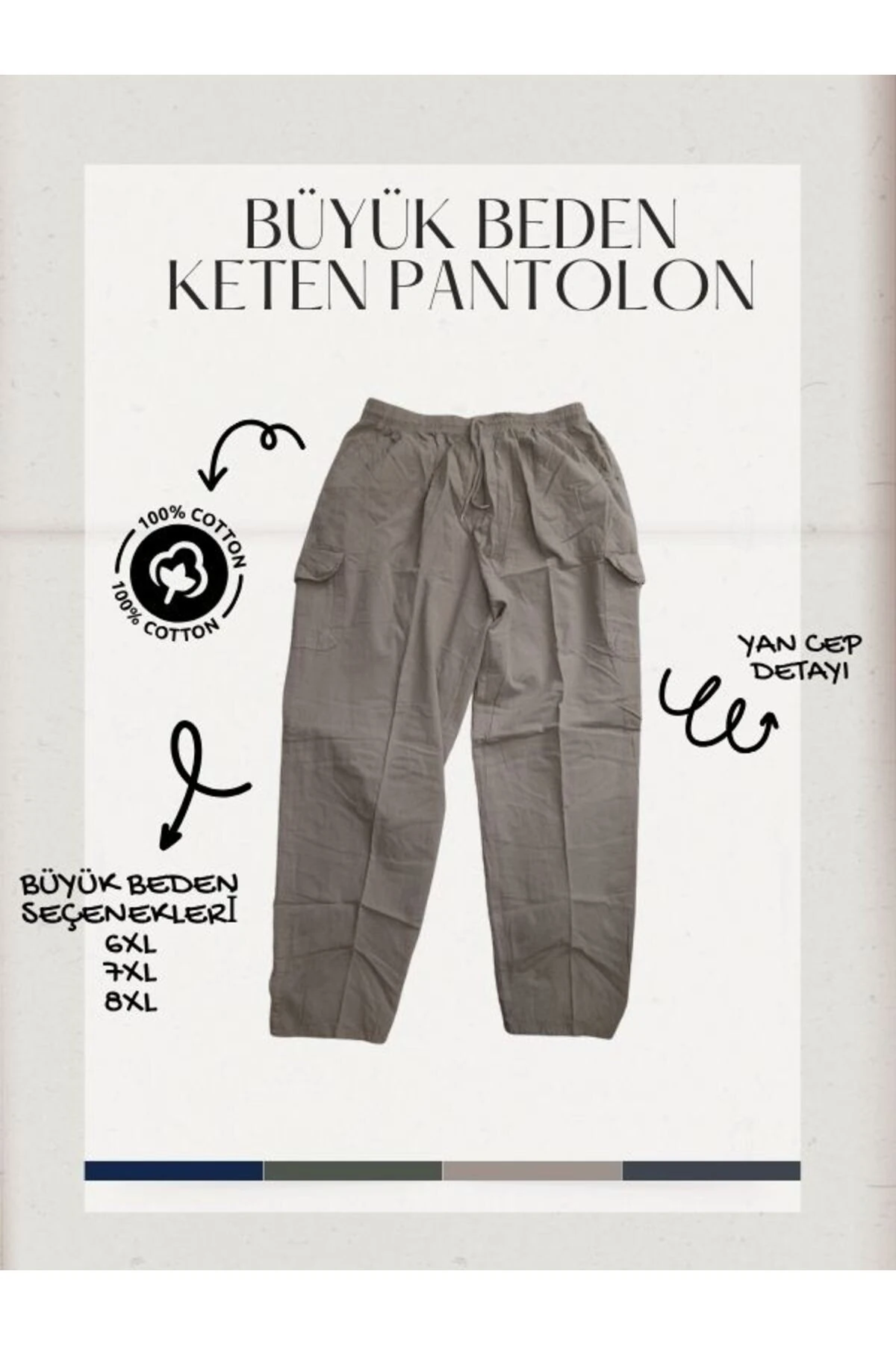 %100 Keten Süper Battal Pantolon 6XL-7XL-8XL | Bel Lastikli, Yandan Cepli Rahat Kesim