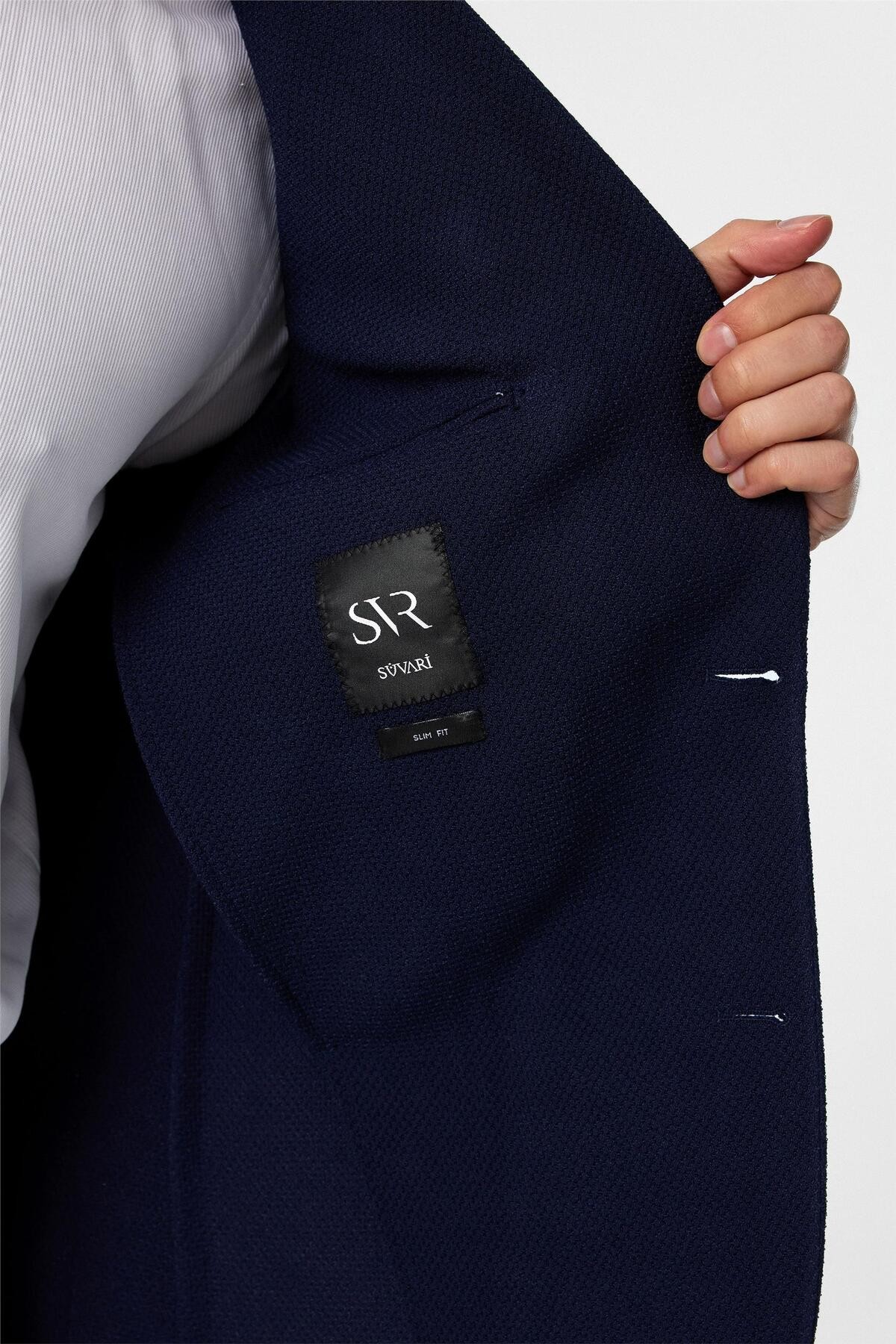 Lacivert Slim Fit Desenli Sivri Yaka 6 Drop Ceket